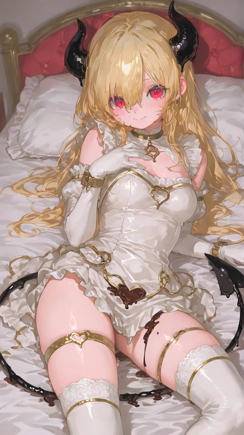 Amazingly beautiful girl, blonde, (flat breasts), best shadows, shallow depth of field, blonde hair, (dark skin ,erotic look), looking at the camera, on a big bed, ((lying on bed, from below, hair over one eye, focus thighs, blindfold, brank)),dark elf, ridiculous long hair,(( edwardian Maid)), headband, apron dress, ear-piercing, long skirt, choker,blindfolded, long bangs, very long side hair, super delicate, (best quality, very detailed: 1.25), petite girl, girl, black stockings,hands on chest