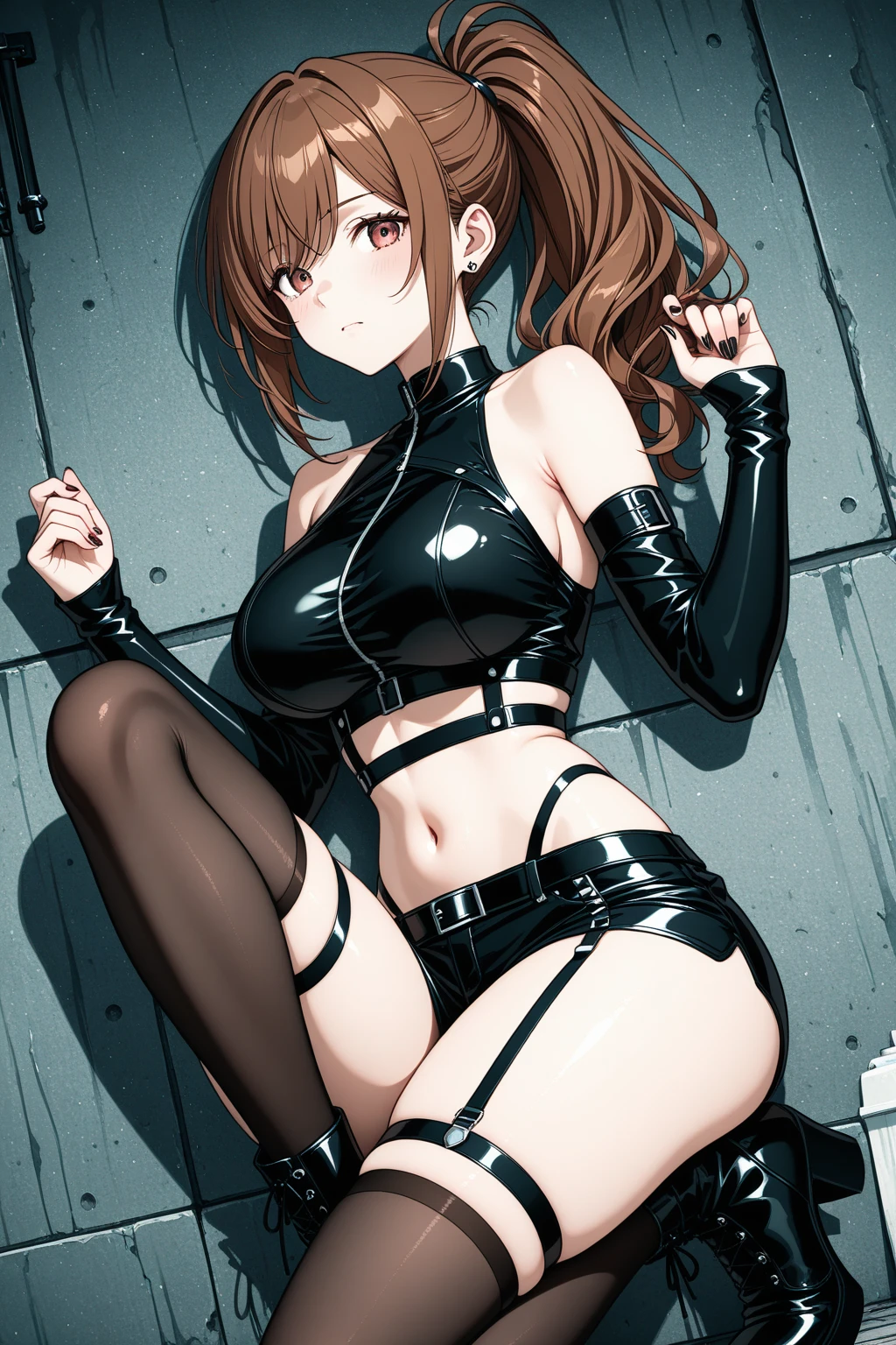 ubel,dark green hair,long hair,side ponytail,hair between eyes,bangs, BREAK (beret, black jacket, open clothes, cleavage, midriff, black shorts, black thighhighs, thigh strap, fingerless gloves, single glove:1.2), Photo,sharpness, F1.6 lens,hyper-realistic textures,spectacular light textures, Cinestil 800 Fashion Mechanics,(((Beautiful woman with left leg restrained and hung by chains))),Appearance,Beautiful girl with accentuated slender abs: 1.1,six-pack abs: 1.1, Bust Botox,Standing on tiptoe, long legs,Long brown hair fluttering in the wind,Brown hair, Long hair, Female Warrior Costume,(No panties,No bra),(tacticul battle fashion,elbow and knee tacticul battle fashion, battle glove: 1.1),((cute batre costume)),The belly comes out and the navel is visible,Thin sheer costume, combat gloves,shredded costumes,cyber long combat boots with golden knee pads,Anatomical,(futuristic sci-fi battle fashion, new elbow and knee cyberpads, new cyberlong boots, new cybergloves: 1.1),(tied perfectly by iron chain), Restraint, Slave, collars, contempt, (Chained), 4 chains hung from heaven, Metallic shackles and fetters, wet crotch clearly visible,((Hands are restrained above the head)), the neck is chained,Chain from left knee to heaven,Chained by rusty iron chains,((the tip is protruding, areolas protruding,The shape of the pubic area is clearly visible:1.2)),Sweating,Wet,Wet crotch,Wet thighs,Junkyard, Realistic, (cute, perfect clothes, skimpy clothes, cute: 1.3) ,Vast miritary base in us,((wide mirtary hospital with summer sunlight)), peeling ceilings, Rebar between, Realistic material details, Extreme details, Ultra-realistic materials,narrow waist,(with sparkling eyes and a contagious smile:0.9),looking at viewer,