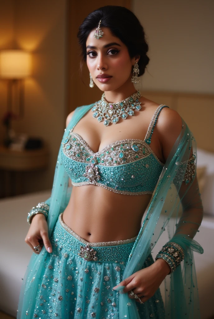 Portrait of A confident-looking indian princess, tied hair, hazel eyes, wearing a designer Manish Malhotra light blue white wedding dress, d-cup bra, Indian ethnic embroidery on dress, big diamond necklace, ramp walk, modeling full pose, perfect composition, happy, hyperrealistic, super detailed, 8k, high quality, trending art, trending on artstation, sharp focus, studio photo, intricate details, highly detailed
