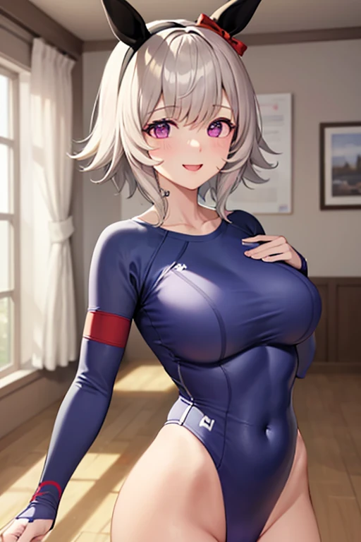 4k, masterpiece, high resolution, 3D art style, Uzaki Hana, 1girl, ((?????))), detailed face and eyes, beautiful face, white hair, blue eyes, thick lips, ?????? smile face, slender hips, thick thighs, thick, huge and droopy breast, huge round ass, oily shiny skin, black crop top and hot pant, jacket, cleavage, being push against the wall, look at viewer