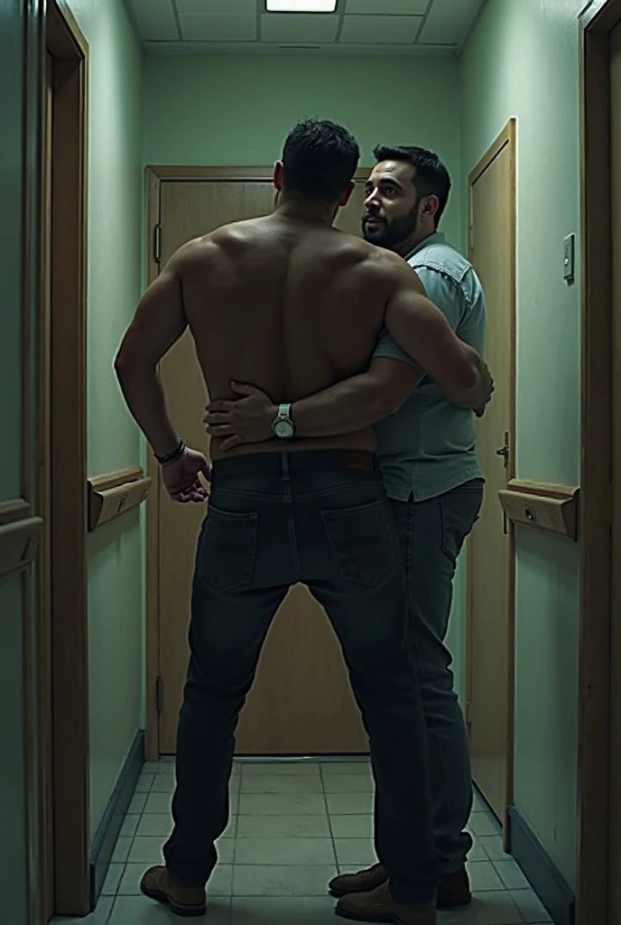 Men thinking in bathroom