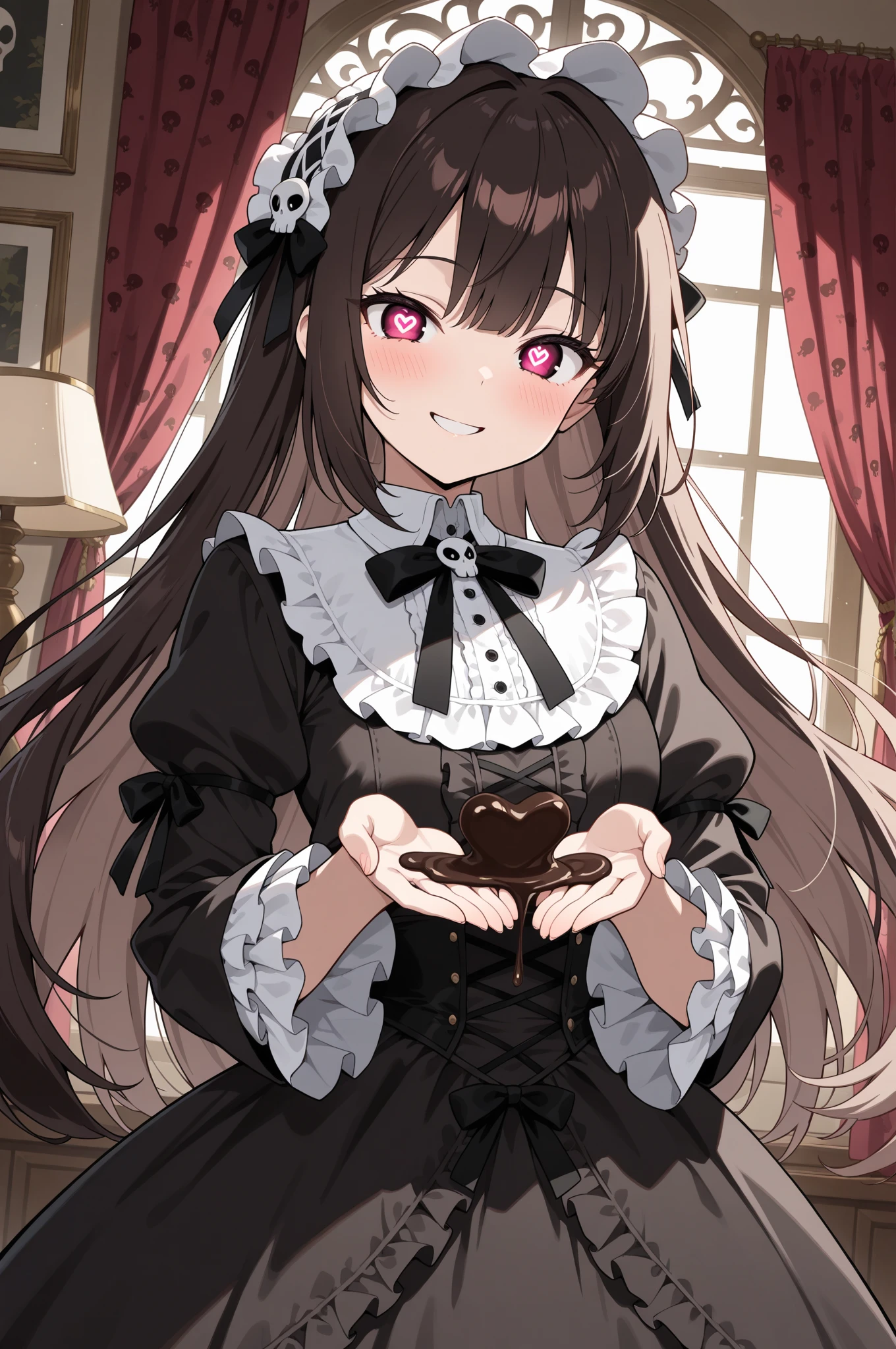 best quality,best resolution,(fluffy anthro furry :1.6),(young :1.6),(dark brown skin :1.6),cat girl,small breasts,black hair,long hair,wavy hair,curvy hair,light pink eyes,glistering eyes,sparkle eyes,huge circle glasses,maid outfit,maid headdress,maid gloves,ruffles,beautiful cafe,white light,looking at viewer,full face blush,sex suggestive face,smile,open mouth,close eyes,heart eyes,heart expression eyes,very close eyes,one eyes close,sexy pose,hand on mouth