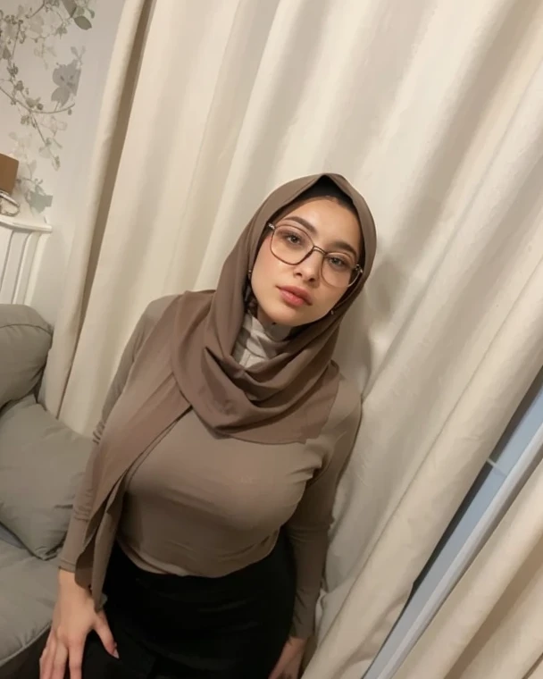 Very sexy Mirabel, muslin goddess, hijab , microkomi, Mexican vibe, sexy blue flowery skirt with large side split, open white flowery shirt, short permed hair, green round glasses, sexy, erotic,(bestquality,4k,8k,highres,masterpiece:1.2),ultra-detailed,(realistic,photorealistic,photo-realistic:1.37), HDR, UHD, studio lighting,