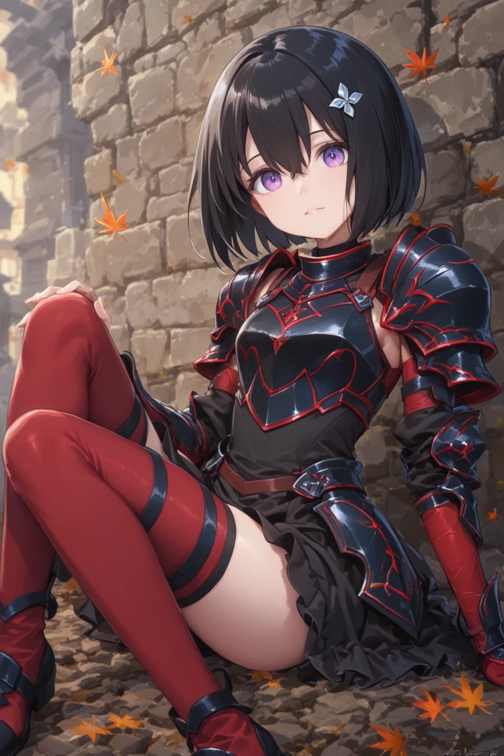 masterpiece, middle ages, The knights, guild, Black Hair, white hair, blunt bangs, short hair, Ahoge, blue eyes, ((((Black and red Vidres Armor)))), 1boy, open mouth, spread legs, front, abs, front, arms behind head, (((Small breasts))), (((glaring))), fang, ((smile)), ((scared)), grin, Crying face