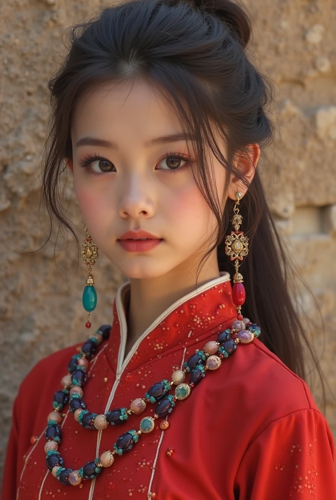 Millefiori glass style，A girl around 13 years old，Pale skin，Very long hair, Black straight hair. big、Black eyes , With a strong and mysterious expression. Dressed in orphan clothing style, More elegant and refined, Something that matches her mysterious and strong personality. comprehensive, Her presence will attract attention, Attract curious and inquisitive eyes. flat chest, movie lighting, Chromatic Aberration, Backlight, masterpiece, High Detail, high quality, 4k.
