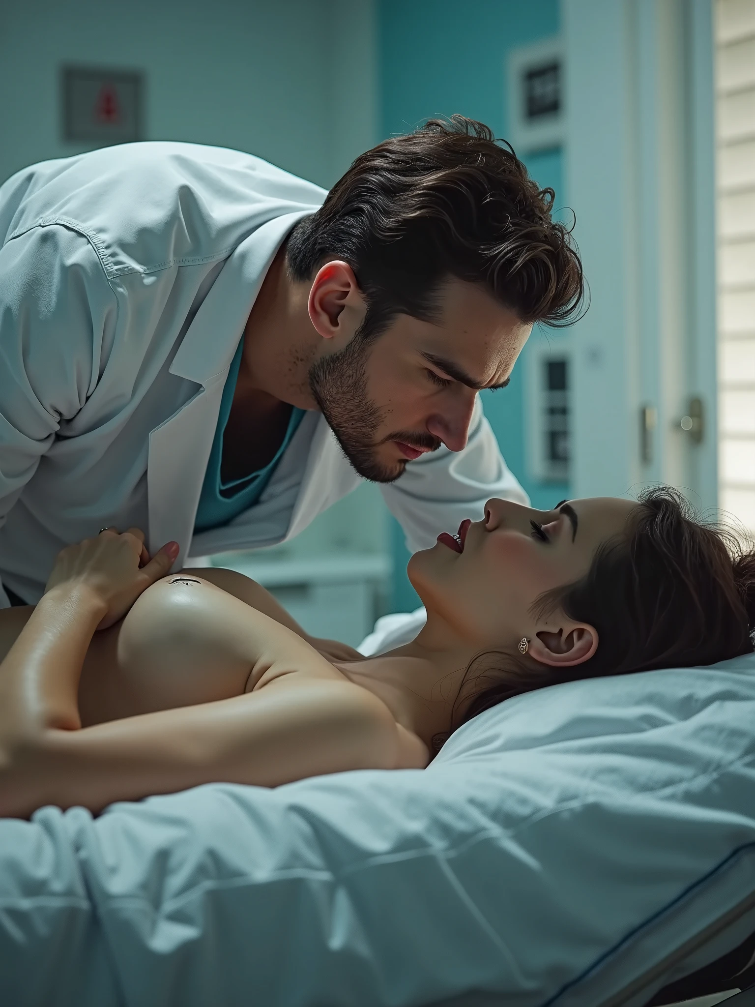 Magnificent detail, 8K Photos, hyper- realism, realistic background, visual depth, wide angle lens, professional light, all-body. A hot nurse with her lab coat slightly open, without pants, provocing the handsome medical man, while another man is sleeping on the hospital bed. hospital. Sexual climate. Luxuria. fetish.