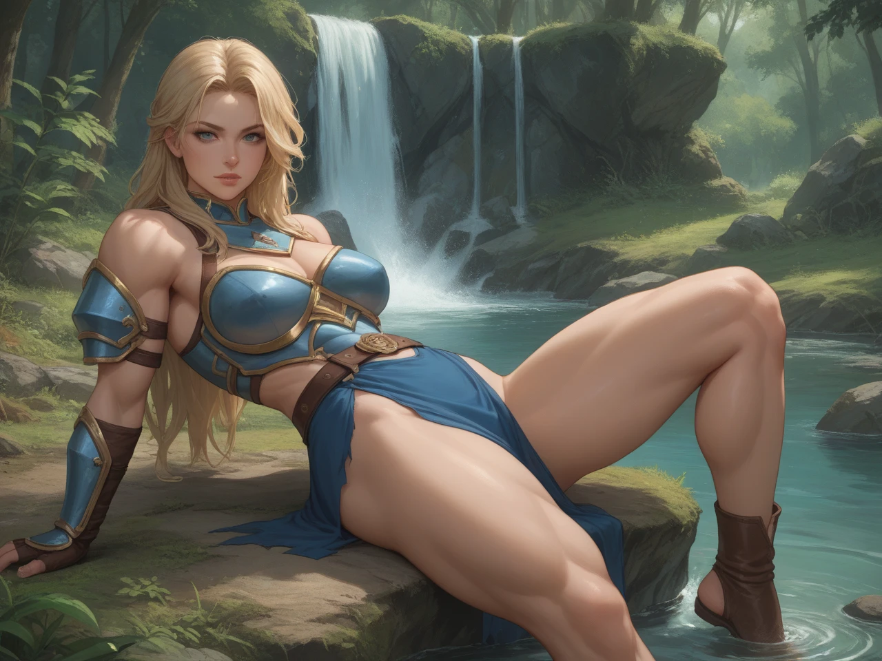 masterpiece, realistic, realism, photorealism, high contrast, photorealistic digital art trending on Artstation 8k HD high definition detailed realistic, young beautiful woman, petite, very small perky breasts, ((blue eyes)), blonde knee long hair, tight white boots, white knee high socks, (no head gear:1.5), ((priestess)), parted lips, art by artgerm and ruan jia and greg rutkowski surreal painting, detailed, skin texture, hyper-detailed, realistic skin texture, side view, garden, lying in a hot spring, forest, clear water, head down, flustered, drenched, orgasming