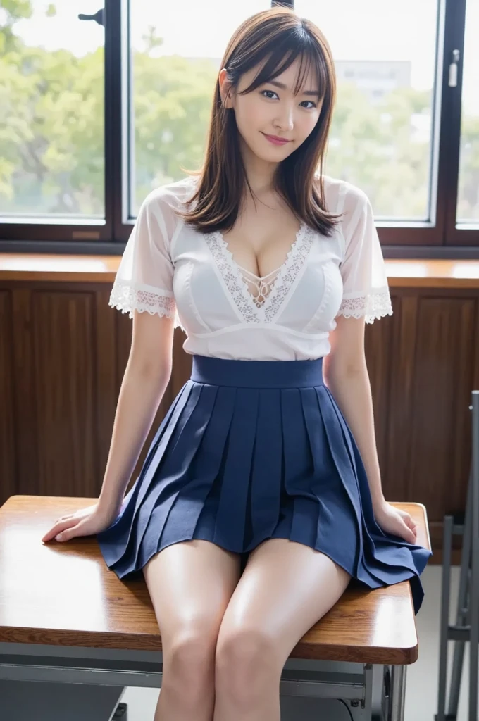 photorealistic,realistic,Blue crystal clear water、beautiful sea、((brown hair))、good hand、8K video、High resolution、masterpiece、highest quality、fine skin、sharp focus、clavicle、movie lighting[:(detailed face:1.2):0.2]、cleavage、lustrous eyes、look at the audience、((beautiful and detailed eyes))、Big eyes、美しくdetailed face、perfect and beautiful double eyelids、whole body、barefoot,thin ankles,delicate legs,The woman I want to hold,beautiful hip line,tropical country、school uniform,uniform,navy pleated mini skirt,loafers,beautiful feet,wet skin,M-shaped spread legs