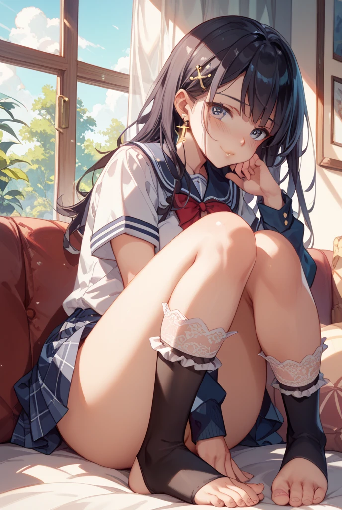 1 girl in、Black Socks、School Uniform、masterpiece、kawaii、Very delicate eyes、Well-formed face、Ultra-high image quality、film like