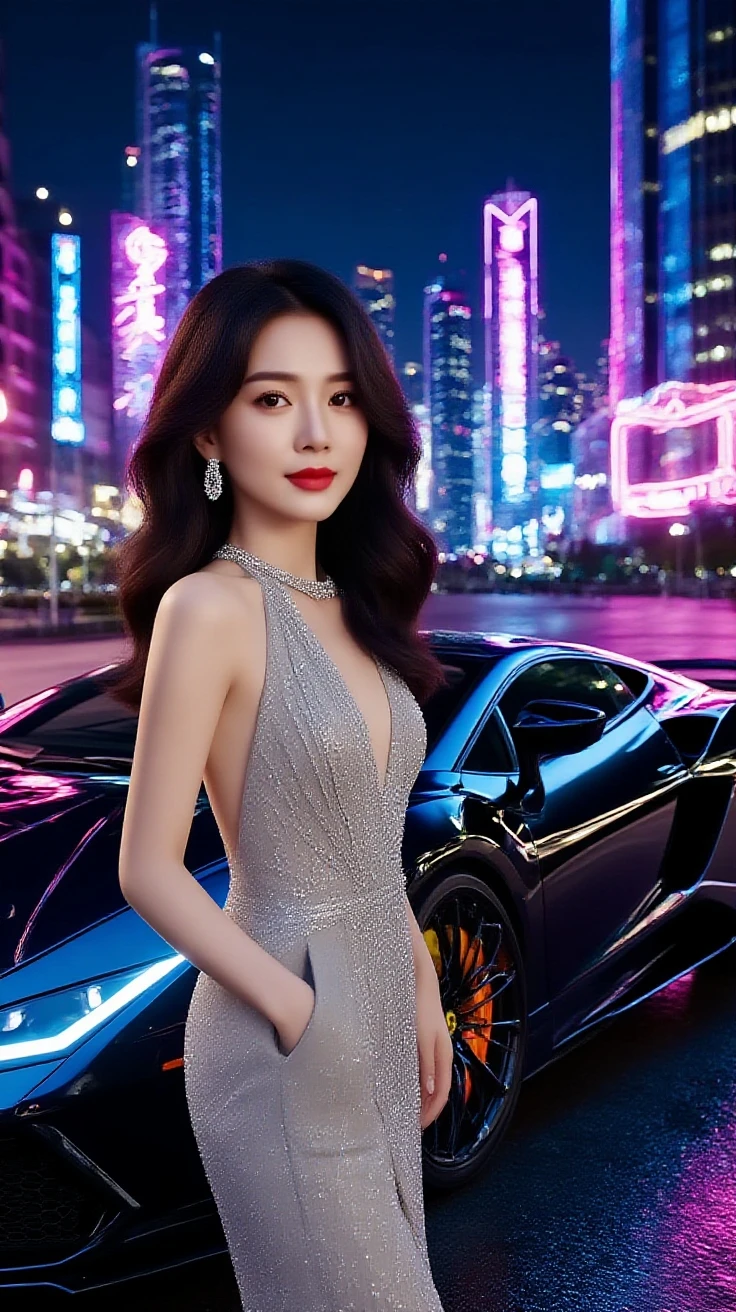 Dubai Millionaire, super car, rich people , Beautiful, attracting all eyes, smile a little, At night the sky is dark., Red sparkling glitter dress, Aarav Theme Set, Chest 34 inches, Medium bust, Rich people's fashion, short hair
