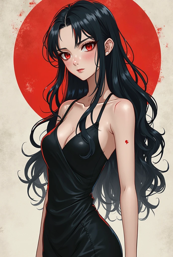 Pure White skin creepy scary smiling anime lady with pure black eye balls wearing a red dress and has long black straight hair and is thicc curvy and very muscular 