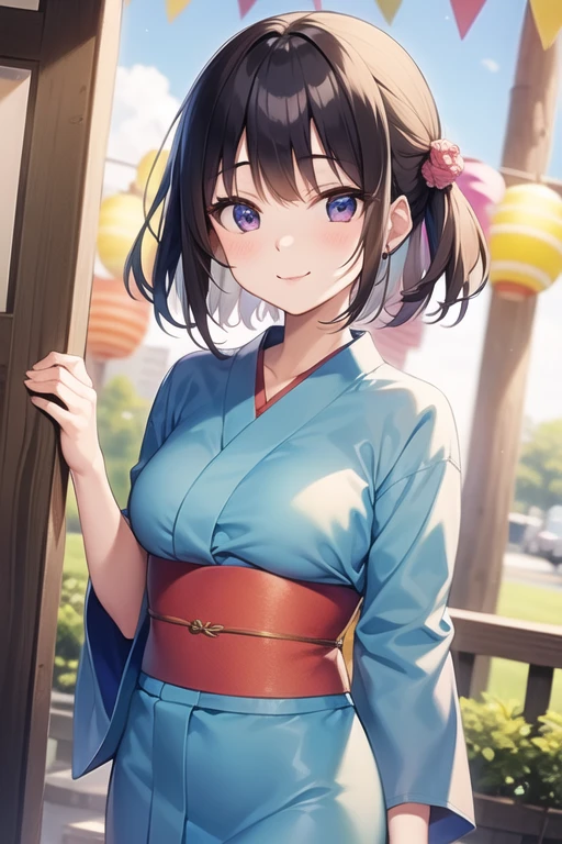 (perfect anatomy:1.2)(absurdres, highres, ultra detailed),masterpiece,best quality,high resolution,8k,Realistic face,Realistic skin texture,magnified textures, stunning clarity,detailed anime girl,(ultra detailed eyes and face),(14 years old:1.2),(baby face:1.2),japanese girl,floral printed blue yukata,、(very short hair, two side up:1.4)、tareme,light brown hair:1.2,kanzashi、glamor、short stature、(grin:1.4)、(bust up:1.4),Steampunk in the Edo Period、(Vivid hieroglyph signs and street advertisements:1.2)、busy、(worried:1.4),autumn、hieroglyph,souk、Shopping Street、Ancient Egyptian statues,reaching out,(tanned skin:1.3 ),big breasts,look up viewer,round face,Shoulder Bare,(from front:1.2),(cleavage cutout:1.4),