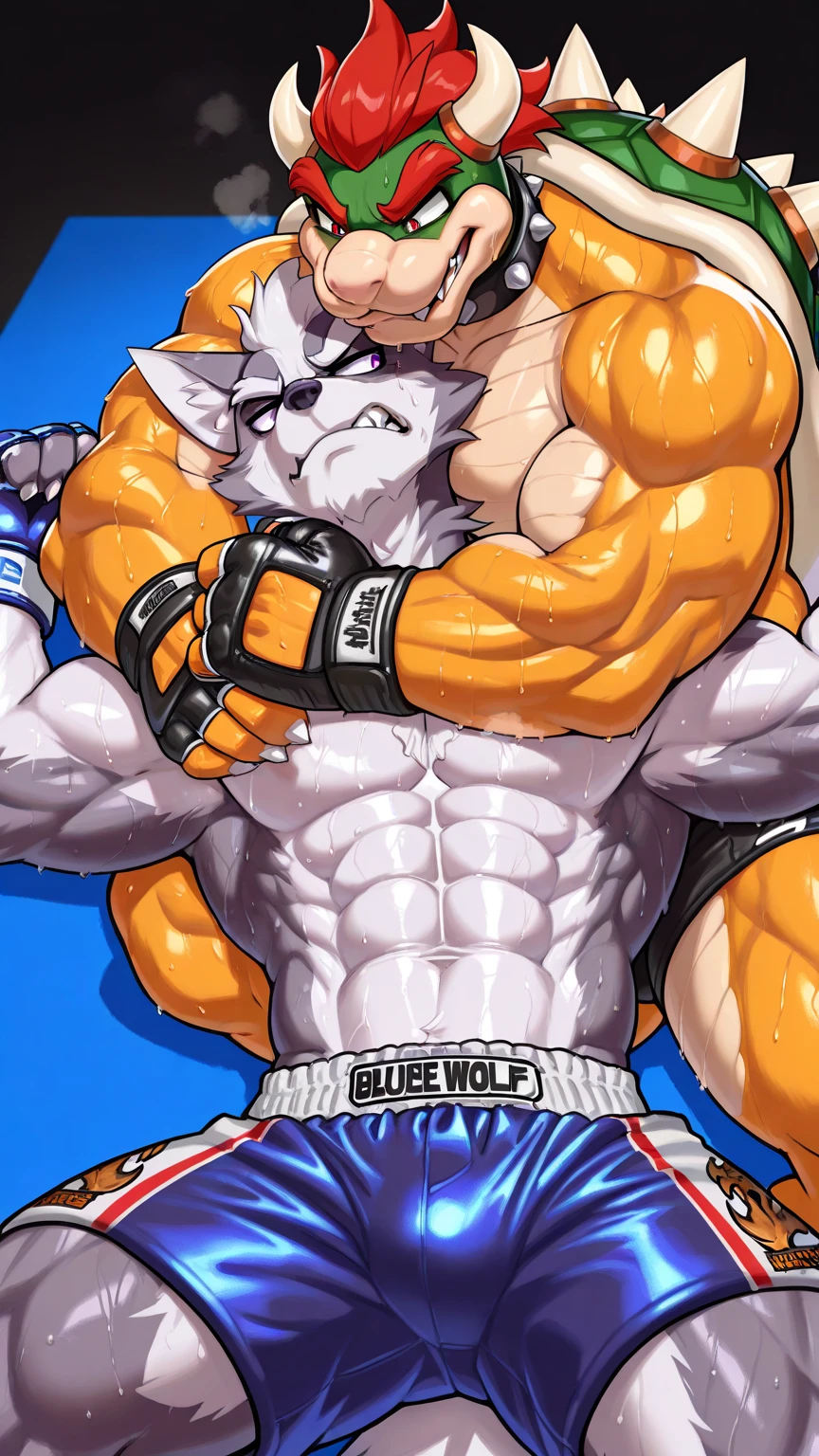 Duo male(Cougar vs Gray Cougar, handsomes, handsome hairstyle, tails, Thick eyebrows, detailed face), gay(Clinch embraced holding the neck from behind, body with body, cuddling on shoulders, on a UFC match), hot(Shirtless), handsomes(They are handsomes, correct anatomy), musculosos(Big muscle bodies, Six packs, muscle abs, big pecs, muscle backs, muscle legs), sweaty(very sweaty wet bodies, shiny sweat), tatuajes(they have tattoos), grumpy(Both have an grumpy expression, grumpy teeths, steaming breath), UFC gloves(They both are wearing UFC gloves), UFC boxers(they both are wearing ufc boxers), Hight resolution, by(Zourik:1.1)
