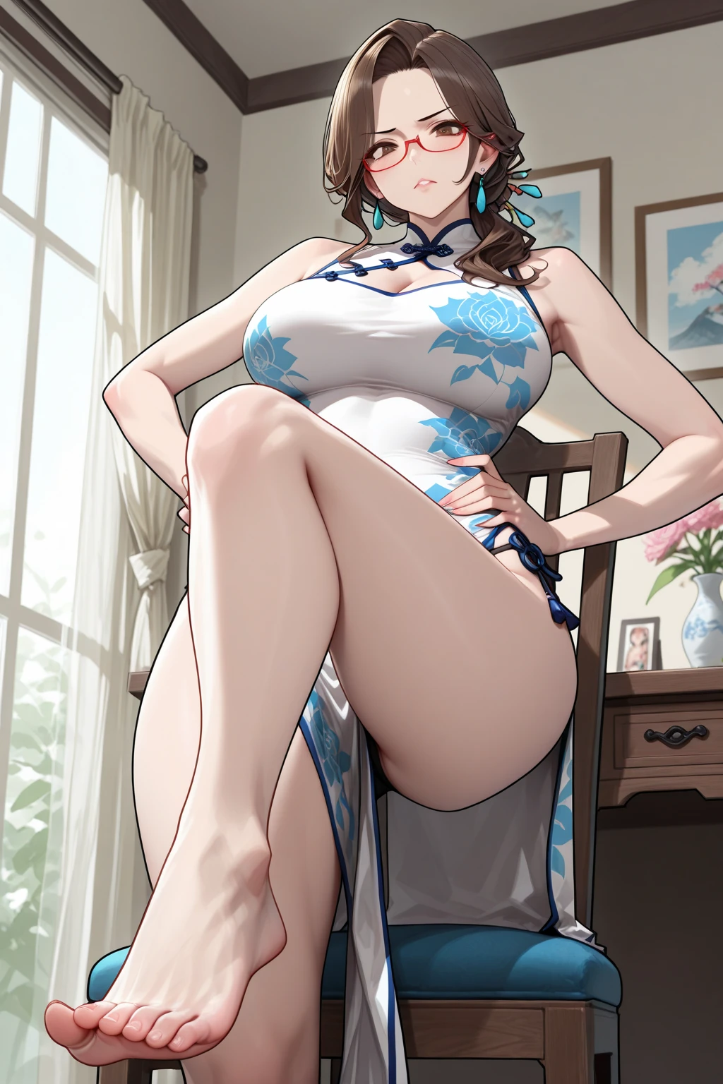 score_9, score_8_up, score_7_up, source_anime, kasumi from dead or alive, blue kimono, sit in chair, crossed legs