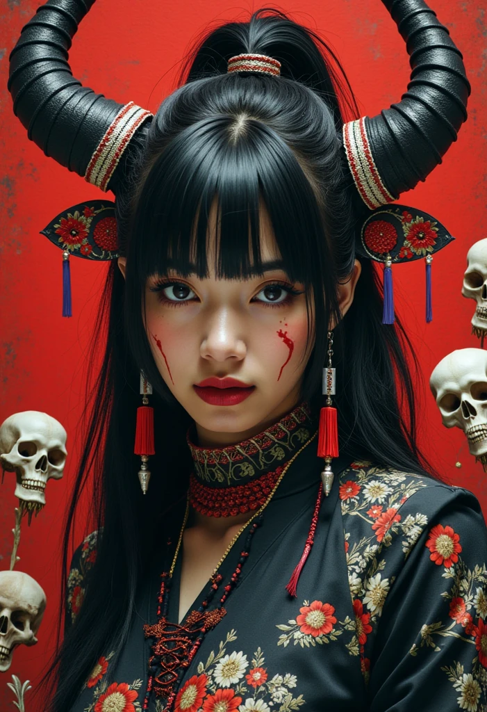 Jennie is holding a devil face mask and a chain, mika kurai demon, giesha demon, with kitsune mask, oni mask, omen from valorant, imagem de perfil, samurai with demon mask, hyper realistis