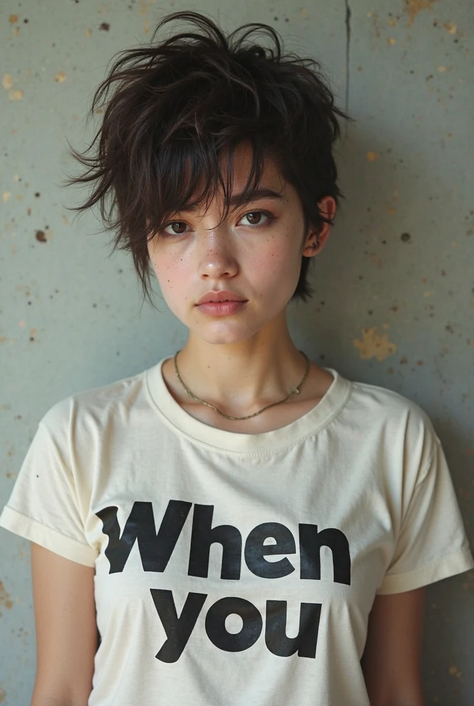 a 1 year old white American woman,60 tall short black hair, brown eyes with e-girl clothing style