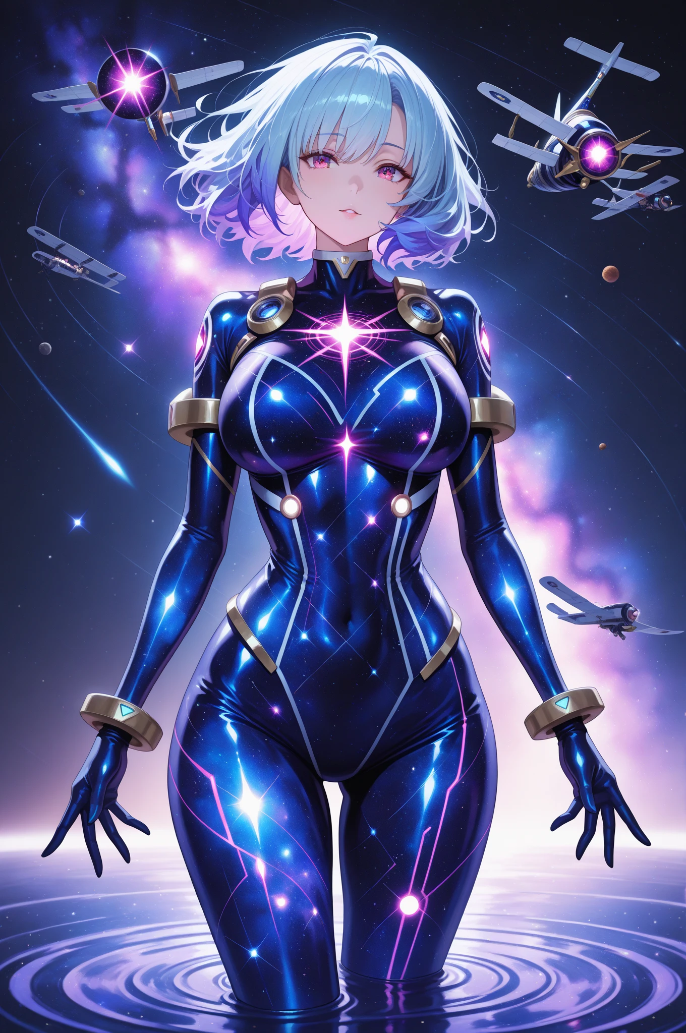 masterpiece, best quality, 1girl, superhero, ((leotard, dark blue leotard)), long sleeves, bare legs, boots, dark blue boots, matching boots, medium breasts, diffraction spikes, light particles, standing, standing straight, dark blue hair, ((short hair, bob hair)), blue eyes, beautiful detailed eyes, beautiful detailed face, cute face, (perfect hands, complete fingers, perfect anatomy, perfect proportions), heroic, ((star symbol on the chest)), serious, full body with costume, full body, cowboy shot, ((raised arms, spins fast in place like a tornado, she spins at an incredible speed, creating a whirlwind of air around her, cyclone spinning)), ((spiral lines, spinning energy pulse around her)).