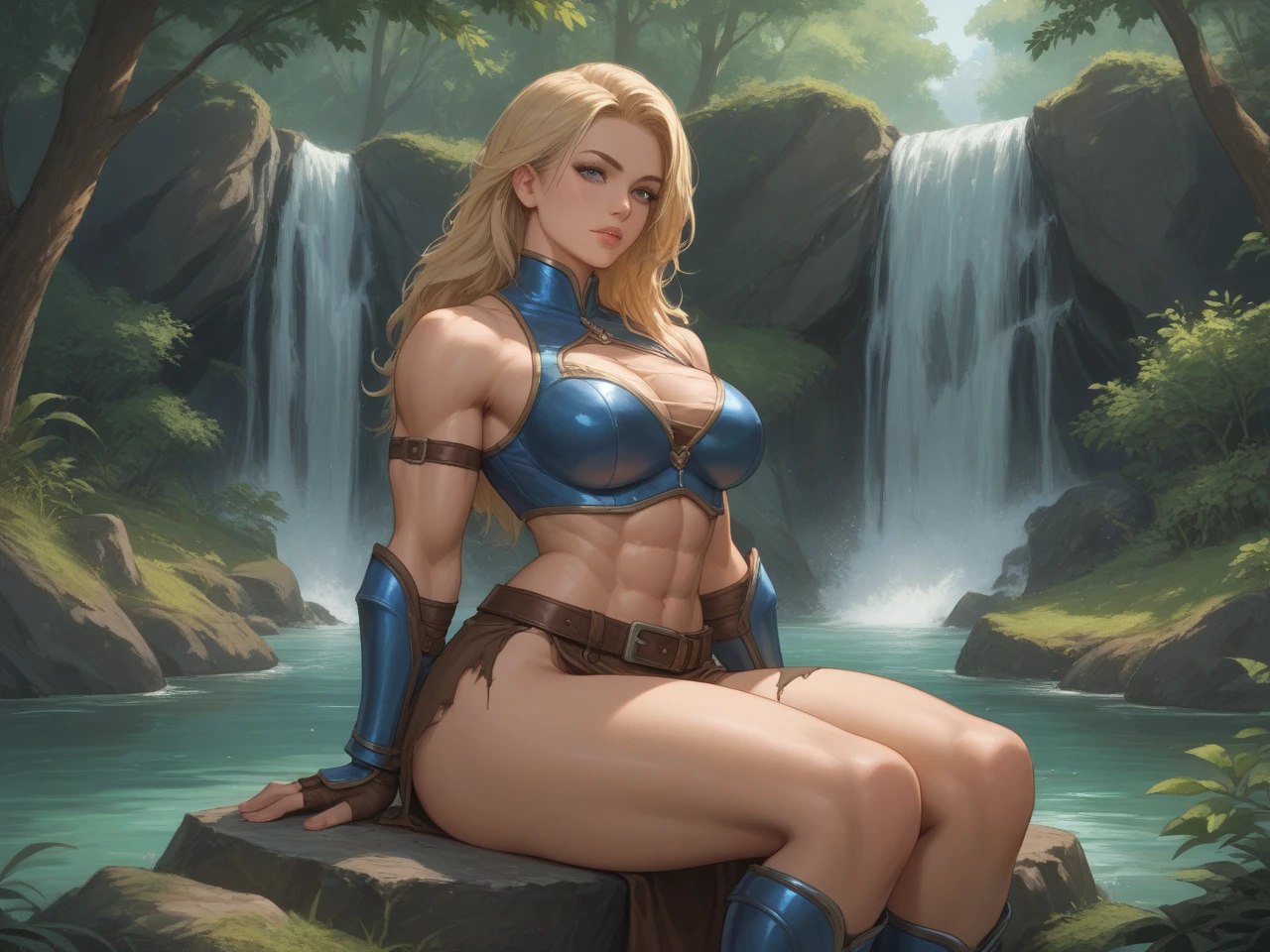 Extremely detailed Artgerm style: This sets the overall artistic style with a high level of detail. Fantasy art: This specifies the genre. Goddess of the green forest: This defines the character's role and gives context to the setting. Woman with long, elf ears: This incorporates the elf features. Black skin: This specifies the character's race. Ornate bikini armor: This combines the skimpy clothing with a fantastical, protective element. Blue high heels standing straight symmetrical: This suggests the color of the bikini and potentially the water body. Long, messy blonde hair: This adds a detail that contrasts the Artgerm style, which is typically more polished for hair.