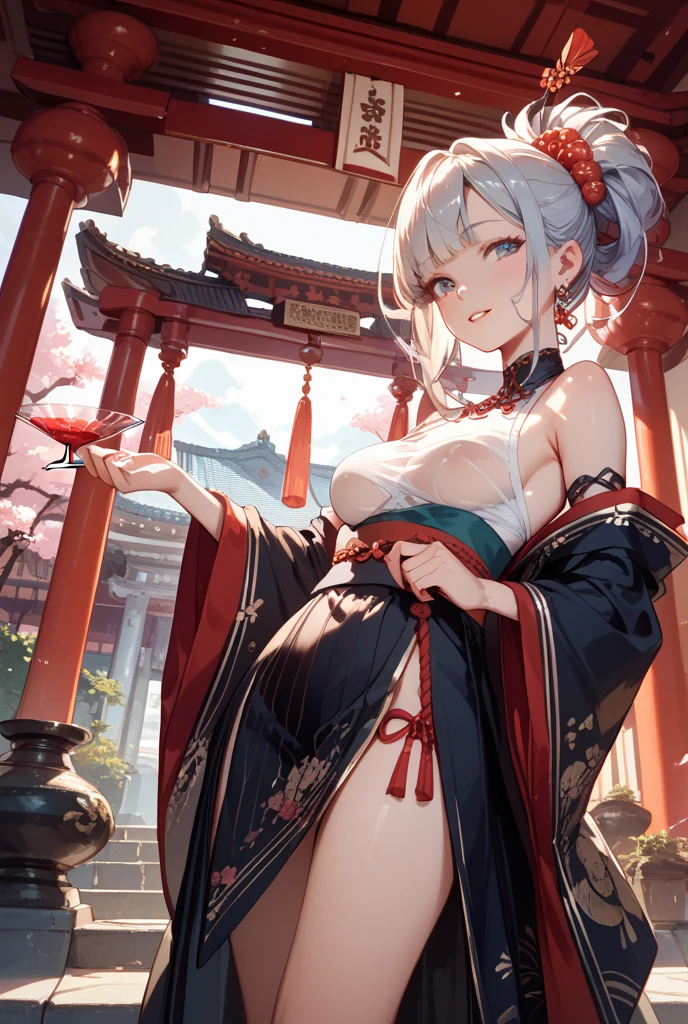 hight resolution, absurdress, Best_Quality, ultra_more detailed, 8K, extremely_Clear, photo, Beautiful, beatiful face, Sharp focus, HDR, 1girl, pure eyes, Very wide eyes,Old Japanese town in the mountains in the background , beatiful face, very red areola, Standing , very seductive pose, very young, No bra, bare breast, , Naked, No top, NSFW, gray hair with ponytail,
