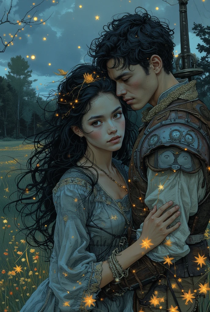 (masterpiece:1.2, best quality), (beautifully detailed eye: 1.2), (beautiful detailed face), 1girl, 1 young warrior, young warrior несет девочку, character:, girl, thin, flowing hair, grey eyes, confused, embarrassed, dark hair , thin, small breasts , confused, character: young warrior, smug, leather armor, sword strap, Sword scabbard, sword hilt, meadow, twilight, fireflies, several stars, trees, grass, flowers, flow, ,dynamics, movement, wind.