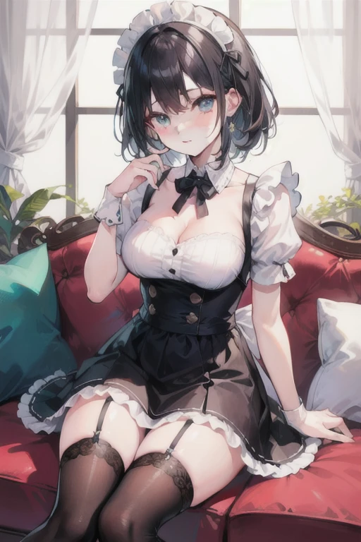 (best quality, masterpiece), 1 girl, intricate details, Off the shoulders, skirt, collar, decorate, perspective, looking at the audience, blush, lower body, blurred background, floral, contrasting,pussy,No panties,????????????,exquisite breasts,Holes you want to lick around,掀skirt,Table corner woman