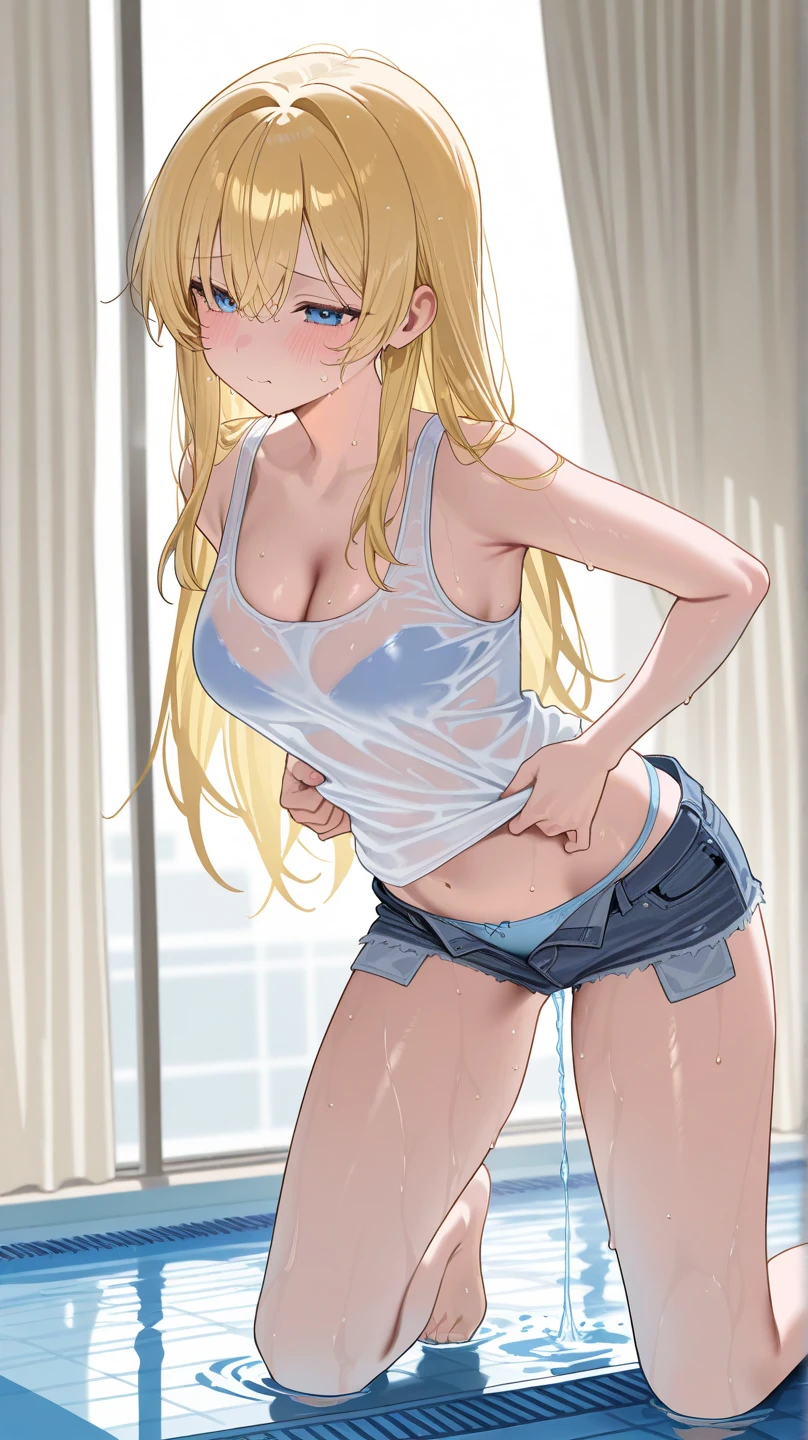 There was one girl with shiny skin in the bedroom, sexyposture,best qualtiy,tmasterpiece,(Photorealsitic:1.4),breast enhancement,reality,offcial art,The 8k quality,Super Detail,Fine detail skin,Movie angle,Cinematic textures,Movie Lighting,masutepiece,The highest image quality,1 girl,Vermilion lips,hair messy,((((small breasts)))),Underbust,1girll,Naked whole body,long hair,upper limbs, blonde hair, yellow eyes, (((bra))), red horns, (toilet), sitting, (denim shorts), blushing, ((spreading legs)),