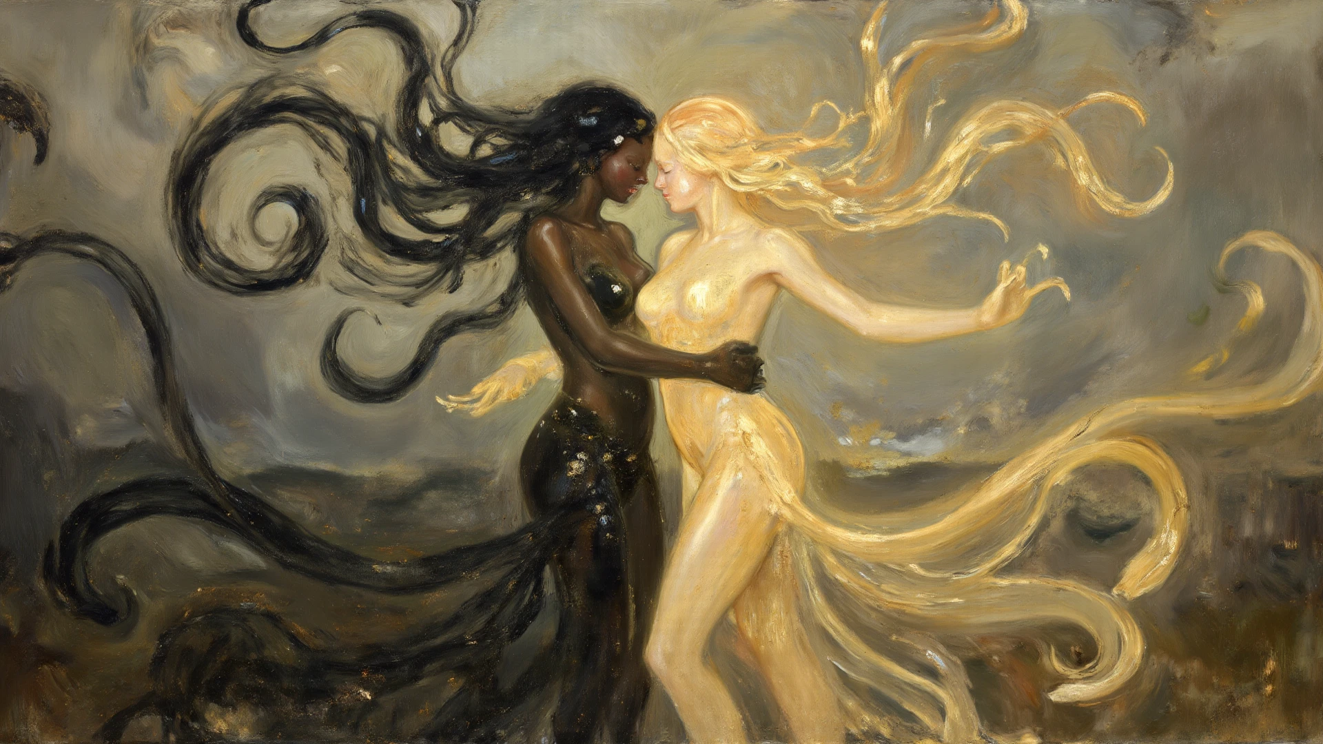 white skinned girl (blond, futuristic, beautiful,) is standing in embrace with a himba woman (beautiful, himba hairstyle), in a village, varying ethnicities, lesbian, himba woman is disrobing blond girl, lesbian embrace, both beautiful females, two beautiful women in love, absolutely outstanding image, beautiful women, masterpiece, photorealistic, detailed portrait, high quality, realistic, intricate details, warm lighting, soft focus, dramatic lighting, oil painting, renaissance style, (sci-fi wormhole to Europe in white skinned girl's side in the background), different face types and shapes, different (lip, cheeks, jaws, hair color, nose, eyes) types, ((full body shot)), himba woman's hands on blond girl's body (either butt, Cheek, legs, or lips)