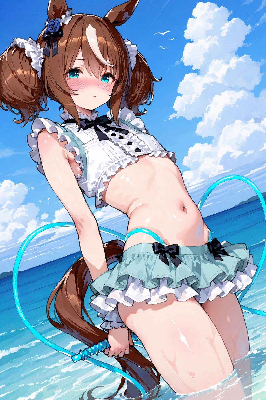 highest quality、masterpiece、high resolution、solo、{hifumi_bluearchive:1.15}、long hair、twin tails、ローtwin tails、yellow eyes、light brown hair、blush、open your mouth、bangs、smile、clavicle、1 girl、bikini、Day、wears glasses on head、frills付きbikini、frills、null、sunglasses、swimsuit、白bikini、cloud、belly button、outdoor、青null、Ocean、women stink、fart、embarrassing、My stomach is growling、Gas comes out of the butt、Hip Attack