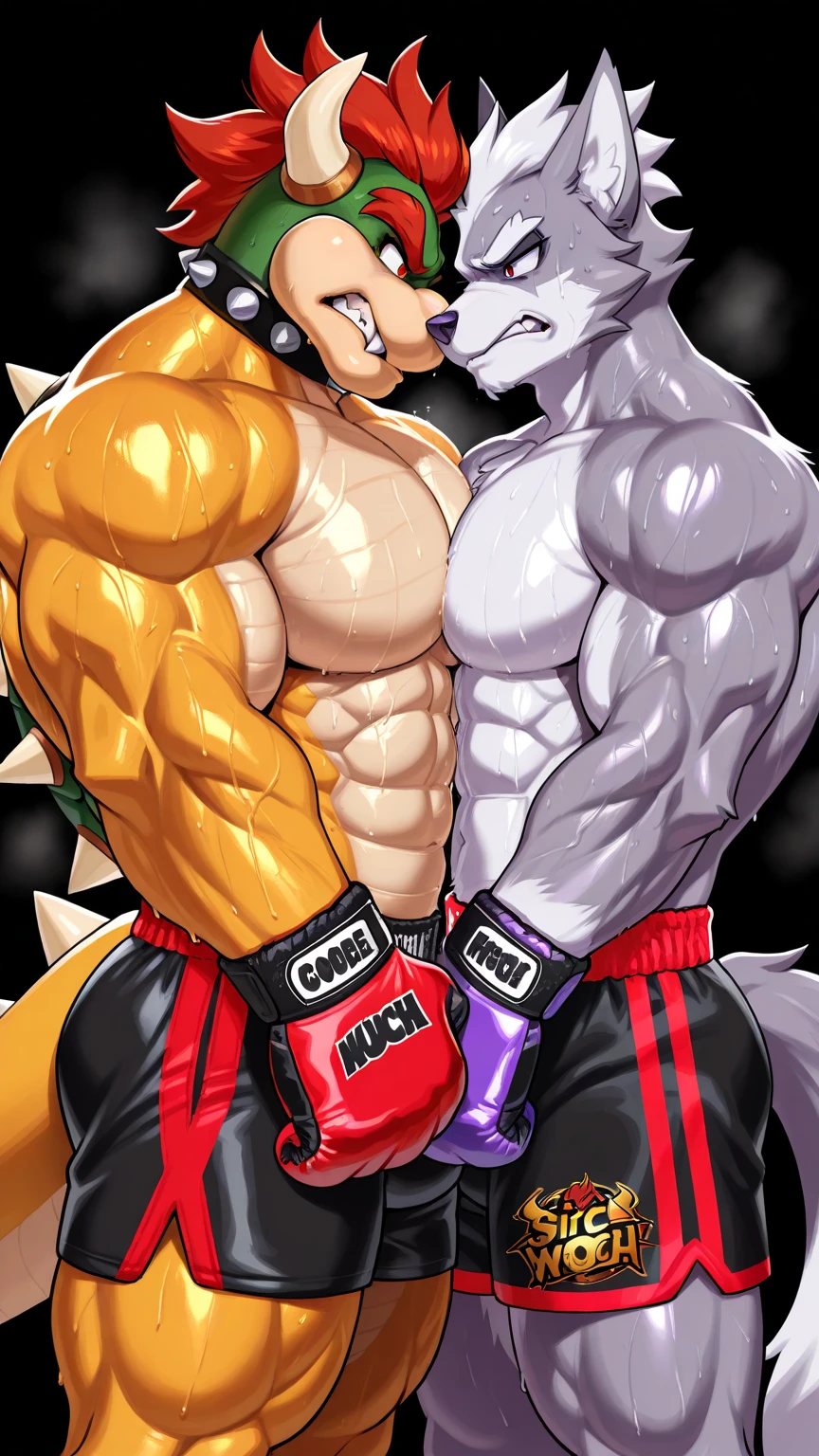 Duo male(Green Gator vs Gray Wolf, handsomes, handsome hairstyle, tails, Thick eyebrows, detailed face), gay(Clinch embraced, Body with body, cuddling shoulders, on a UFC match, full body), hot(Shirtless), handsomes(They are handsomes, correct anatomy), musculosos(Big muscle bodies, Six packs, muscle abs, big pecs, muscle backs, muscle legs), sweaty(very sweaty wet bodies, shiny sweat), tatuajes(they have tattoos), grumpy(Both have an grumpy expression, grumpy teeths, steaming breath), UFC gloves(They both are wearing UFC gloves), UFC boxers(they both are wearing ufc boxers), Hight resolution, by(Zourik:1.1)