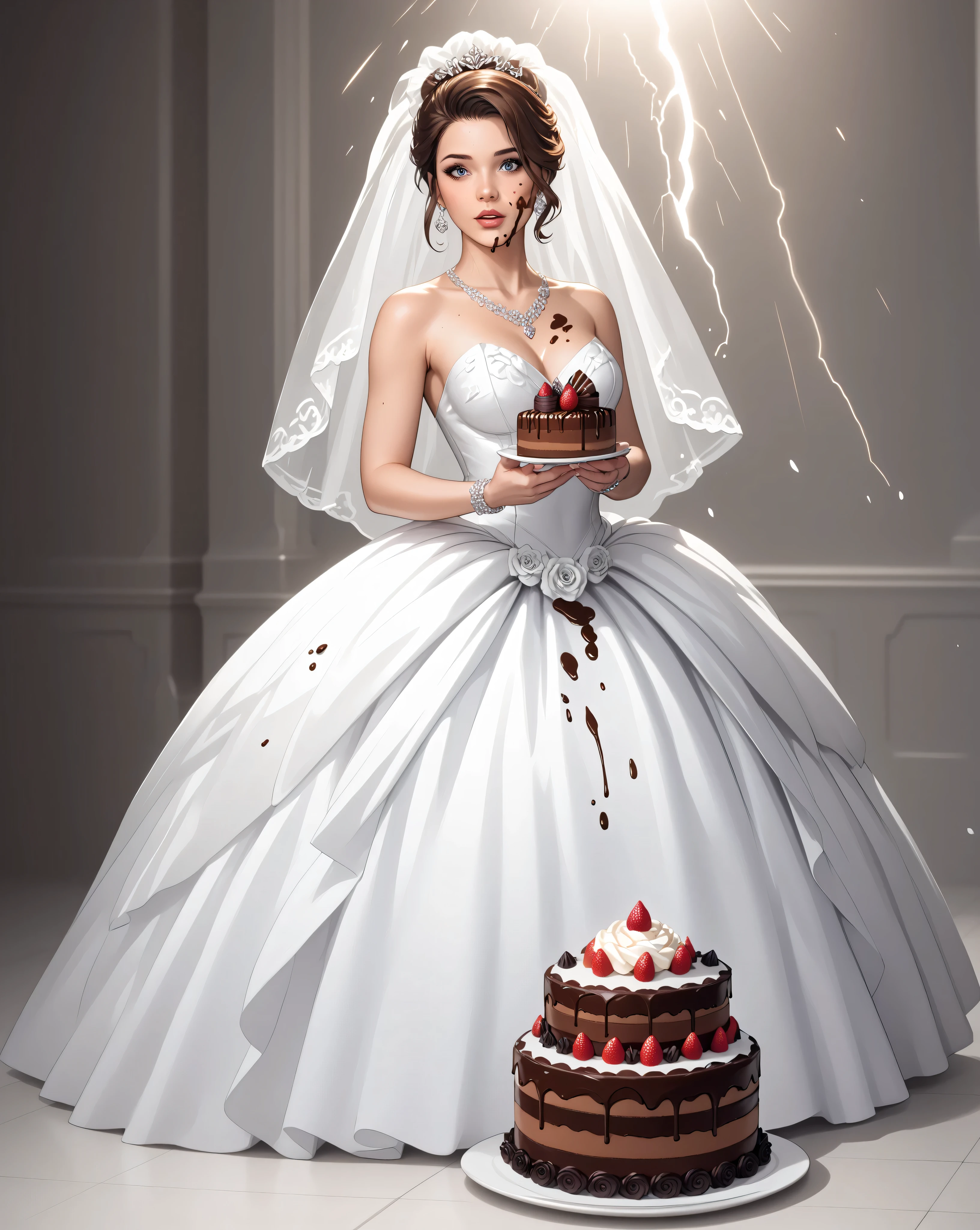 score_9, score_8_up, score_7_up,a picture of a extremely beautiful bride  having the wedding chocolate cake on her dress, a beautiful young woman, dynamic hair, elegant make up, wearing an exquisite elegant sexy wearing wedding dress, getting the cake smashed in to her face, having chocolate on face, stains of chocolate on dress, a look of surprise,  wedding hall background, dynamic angle, soft lightning, dynamic angle, best details, best quality, 16K, [ultra detailed], masterpiece, best quality, (ultra detailed), full body, ultra wide shot, photorealistic, 2.5D rendering,, 3DMM