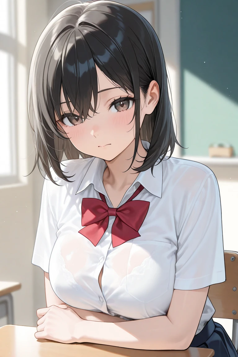 score_9, score_8_up, score_7_up, source_anime, 1girl, big breasts, school uniform, shy, short black hair, beautiful eye, hair over one eye, looking at viewer