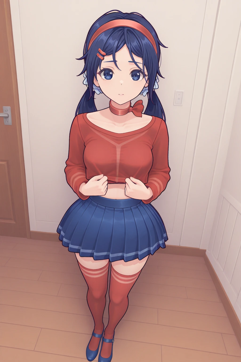 8k,masterpiece, best quality, 1 Girl,bedroom,big eyes,Loli,Slender figure,short and small,Red eyes, Light blue ponytail, Wear a white shirt,Show your belly button,Wearing a black pleated skirt,Off-shoulder,Shy, blush,Pantyhose,Standing,Black casual boots,