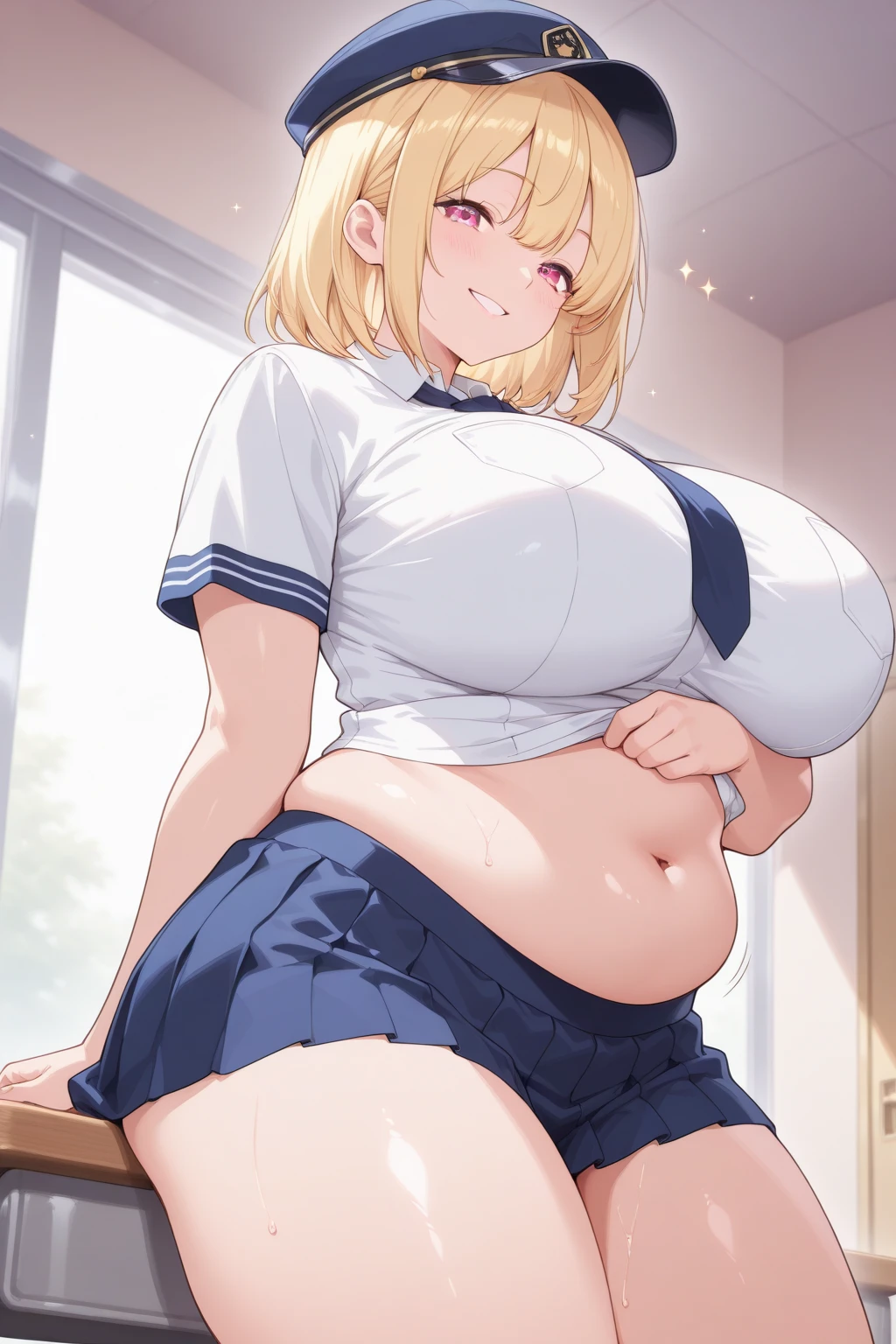 Super Pochaco, thick, chubby, huge breasts, thick thighs, spreading legs, hand in panties, blushing, moaning, orgasm, blonde hair, masterpiece, best quality, ultra detailed
