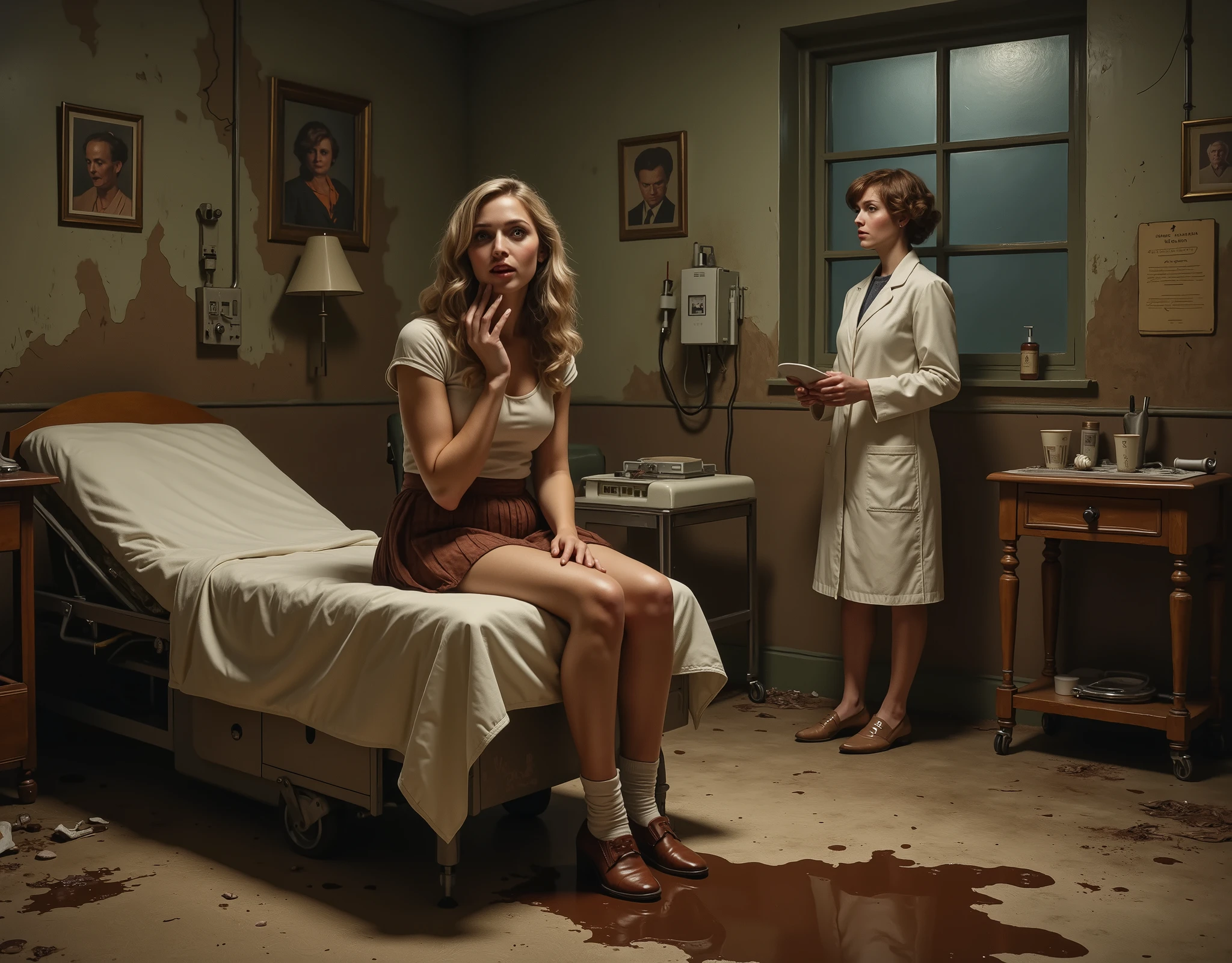 an attractive woman is sitting on the doctor's examination table, wearing a short pleated shirt and ankle socks and saddle shoes, she is holding her hand over her mouth in embarrassment, the doctor and nurse look on in shock as a puddle of thick rich chocolate is seeping out from under her skirt and running down to the floor, the white sheets are soiled, old style small town doctor's office, muted colors, high-contrast, dark tones, chiaroscuro lighting, grainy texture, low-key lighting, deep shadows, retro mise-en-scène, noir palette, Giallo vibrancy, smoky ambiance, cinematic composition, detailed, intricate, medium contrast, murky red and green back lighting, volumetric lighting, Frazetta, Norman Rockwell, classic sci-fi art, lurid and vivid, perfect anatomy, masterpiece, HD, 8x, "anatomically correct human" "realistic proportions" "natural human pose" "full figure, accurate anatomy" "correct fingers and joints" 1970s cinema, moody lighting, chiaroscuro, Italian pulp comic color palette, saturated reds and greens, film grain, foggy lens, dramatic shadows, unnatural angles, the edges of image are old and torn,