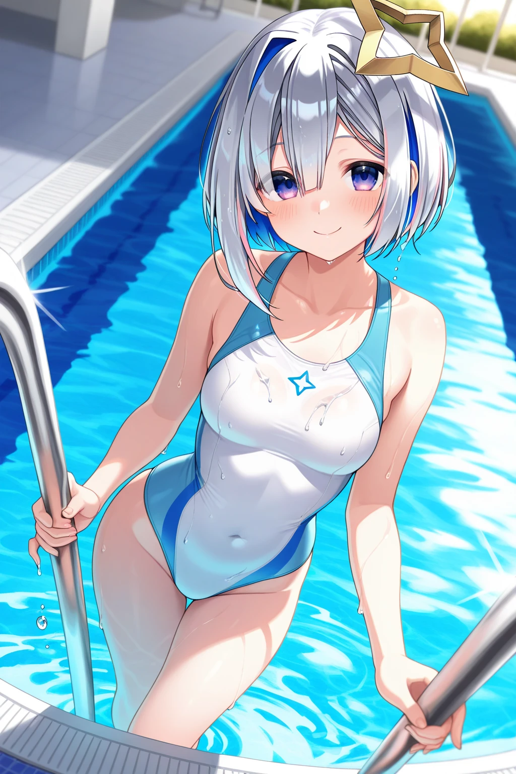 nsfw:1.6, body has two arms, two legs and one head, (Each hand and toe has a thumb, index finger, middle finger, ring finger, and pinky finger.),Top quality:1.2, best quality:1.6, ultra high resolution, masterpiece:1.5 ,4K, 8K, 32K, detailed lighting, shaders, perfect anatomy, perfect proportions, highly detailed, ultra detailed, super detailed:1.2, perfect eyes, perfect face, very delicate and beautiful, illustration, sharp focus, very beautiful and detailed anime face, very detailed eyes, cute:1.4, impressionistic:1.2, blurred background, accurate depiction of arms and hands:1.4, accurate depiction of foot:1.4, Accurate human skeleton drawing:1.4, Anatomically correct human body:1.4,sexually attractive body:1.5,
BREAK
(Beautiful busty woman about 20s:1.3),(blue-green eyes),(dark skin:1.8), (tan lines:1.4),(Perfect proportions: 1.6), (Small pink areolas:1.4), (Pointy upward nipples:1.2),(Full and beautiful breasts: 2), (well developed breasts: 2), (Thin waist: 1.2), (Slender figure: 1.2), (beautiful buttocks:1.2),(Neatly trimmed pubic hair:1.2),
BREAK
(Beautiful blonde hair: 1.4),(shiny straight semi long hair:1.3), (Bangs swept to the side, showing forehead: 1.5),
BREAK
(Happy smile:1.5), (embarrassed:0.8), (blush:1.5),(pink lipstick),
BREAK
(Metallic dark silver sequin bikini :1.6),BREAK (naked:0.8), (topless:1.5),(White choker:1.6) ,(Necklace, bracelet, anklet: 1.3),( Nipples and breasts are not covered:1.4), (pubic hair is shown:0),( very realistic depiction of skin texture:0.4),(realistic nipples texture:1.2),(natural breasts:1.3),
BREAK
(Sitting in the pool edge:1.4),(legs apart1.3),(hands Squeezing breasts:1.6), (profile:0.4),(looking toward me:1.1),
BREAK
(Bust up shot:1.5) ,(from frint:0.8)
BREAK
(Highschool pool:1.5),( realistic depiction of water),( window:1.3),