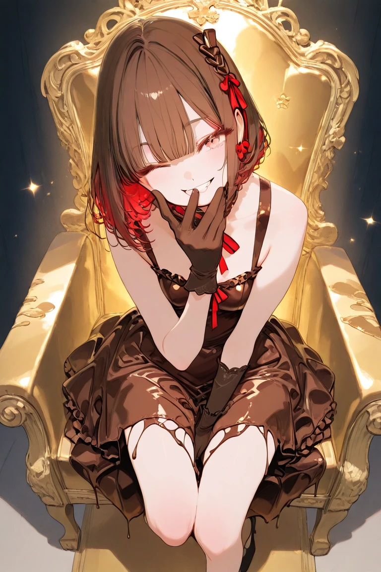 (best image quality, masterpiece:1.2), (super detail drawing), (crossed leg:1.5), (hands together:1.3), (very beautiful mature queen:1.3), (1 girl:1.2), alone, (shoot from far below:1.3) ,(Condescending look:1.3), (Gorgeous sleeveless queen red dress with roses:1.6), (sitting on the throne chair:1.5), (queen's crown:1.3), full body, round baby face, (Glasses,), (white thigh high pantyhose:1.2), (evil smile, mean face, female brat smile), luxury palace room, fancy room, RPG Royale, ⓪Action: () ①Quality:(1girl:1.3),(Perfect hands:1.3),(Perfect Anatomy:1.3), ①Quality:(1girl:1.3),(Perfect hands:1.3),(Perfect Anatomy:1.3), (master piece:1.0),(best quality:1.0), detailed,8k ②th:high resolution,beautiful detailed eyes, cute eyes, sparkling pupils, Intricate Iris Details, Captivating Eye Reflections, Sparkling Highlights in the Eyes, Depth and Dimension in the Pupils, Subtle Color Variations in the Iris, Meticulous Eyelash Details, detailed eyes, ③Lighting:Best Illumination, ④Chest:, ⑤ part: ultra-detailed face,detailed skin, ⑥Body shape:(slender body type:1.1), beauty legs. Seven heads, small head, ⑦Skin: ⑧Expression:(blush:1.3), Looking at Viewer, waiting for a kiss, ⑨Style: animation, illustration, (Bewitching:1.3). ⑩Subject:Oh Madoka, (mole under eye:0.8)、short hair、bangs、Hair clip ⑪Hair: shiny hair, floating hair, short hair, brown hair, mole under eye, mole, hair ornament, hairclip, BREAK ⑫Environment: ⑬Composition: ⑭Costume : piercing, (wrinkles between eyebrows:1.2)、indoor、