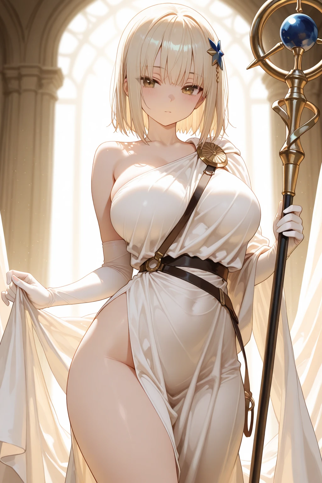 (masterpiece:1.2, highest quality), (realistic, photorealistic:1.4), beautiful illustrations, (natural side lighting, movie lighting), looking at the viewer, Upper body, (front view), 1 girl, perfect face, Cute symmetrical face, shiny skin, baby face, long eyelash, (large breasts), (wide hips),beautiful hair, beautiful face, detailed and beautiful eyes, beautiful body, beautiful breasts, beautiful thighs, beautiful feet, beautiful fingers,(beautiful scenery),(cute smile:1.2, upper eye),Beautiful girl,perfect body line,(short hair:1.2),(buzz cut),(blonde hair:1.5),(Suntanned skin:1.25),(plump:0.7),(hime cut:1.2),Fantastical Atmosphere, Calming Palette, Tranquil Mood, Soft Shading, Miko priestess, charm spell, talisman familiar, shrine maiden duties,