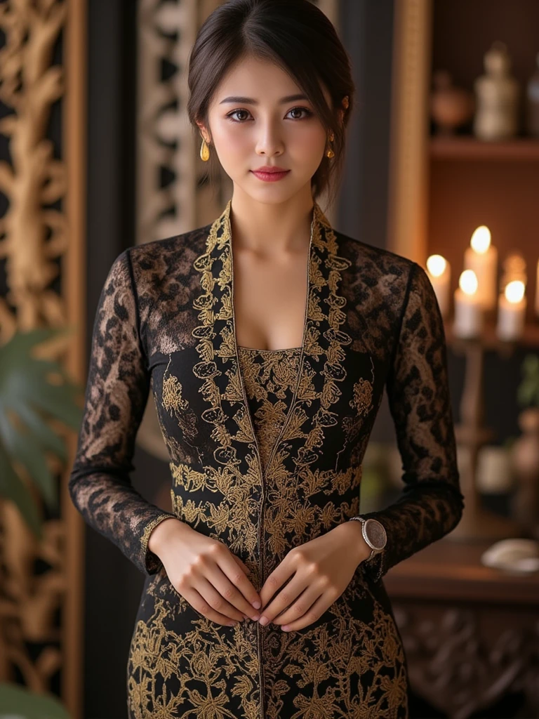 A truly charming appearance featuring an Indonesian woman dressed in a black kebaya typical of Indonesian traditional clothing who looks dashing and energetic.