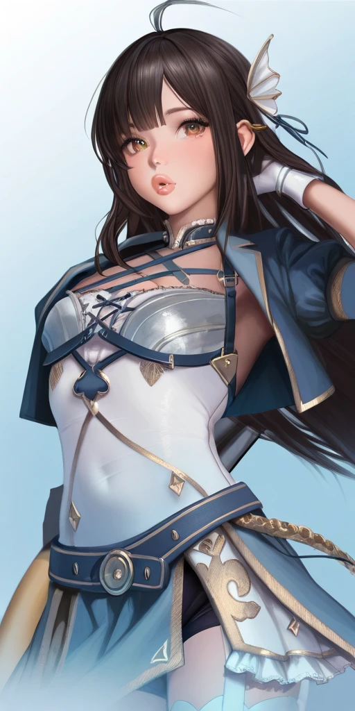 (1girl, solo, masterpiece, 4k, best quality:1.2, (cowboy shot), best quality:1.2, NICE HANDS, COLORFUL, (perfect hands, perfect anatomy)),
hmushiwa, side ponytail, long hair, hat, tate eboshi, feather hair ornament, japanese armor, breast curtains, navel, detached sleeves, asymmetrical sleeves, white sleeves, purple sleeves, pom pom (clothes), tassel, blue panties, single glove, single pantsleg,
((medium breasts, big hips, looking at the viewer)),
((simple background, white background)), <lora:GoodHands-vanilla:0.7>