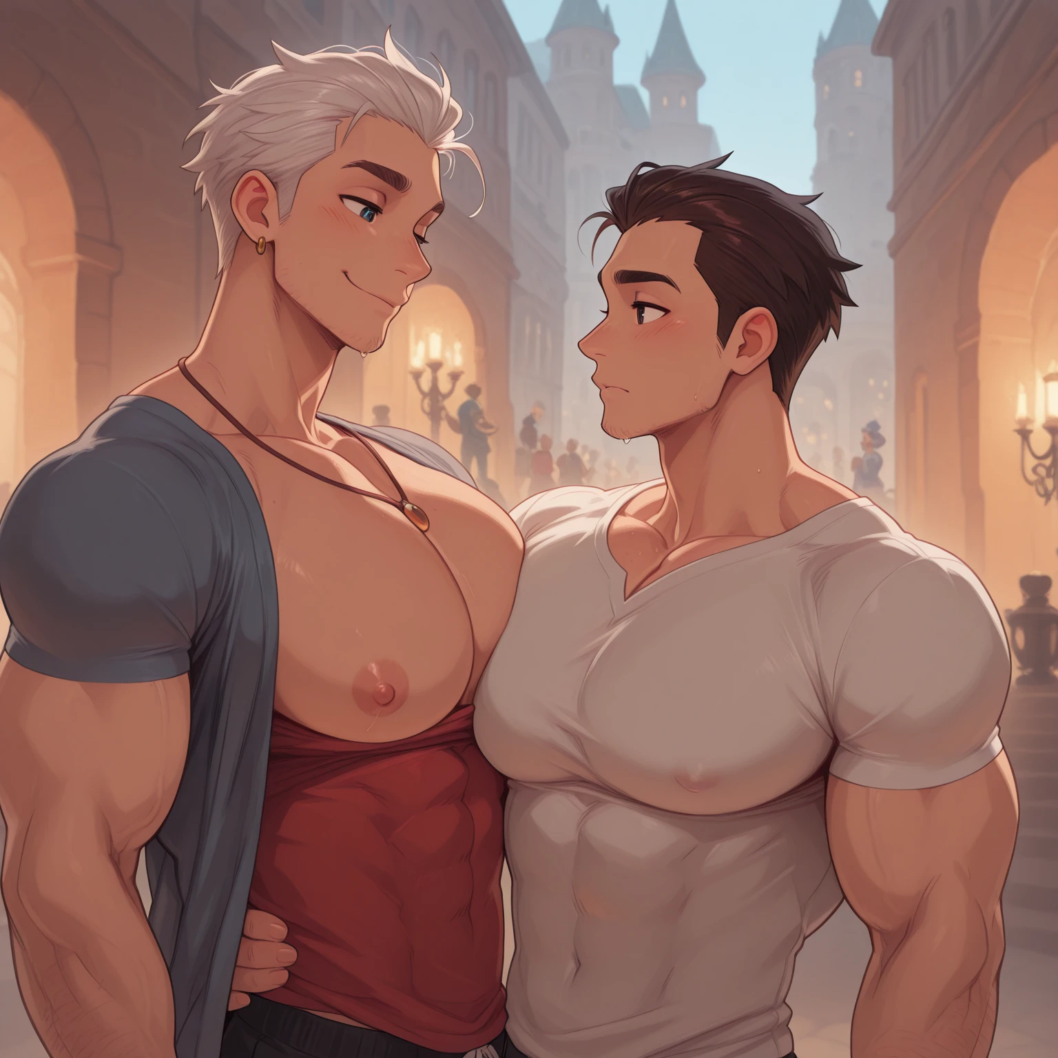 score_9, score_8_up, score_8, 2 men, deepthroat, complete body, chain necklaces, tattoo, handsome muscle hunk with silver hair, naked, a man sucking dick, cock worship, kneeling on his kneel, city background