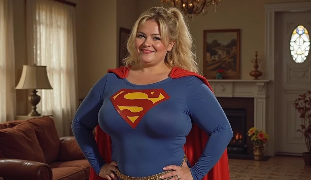 ((super detailed)),(super detailed), highly detailed 8k CG unified wallpaper, bodysuit, pose, cowboy photo, lens flare.The girl is Kara Zor-El (supergirl from DC ) has a plump,blonde hair, chubby body. Her height is about 5 feet 2 inches (157 cm), similar to her mother's large body. Her skin is white and smooth. In terms of facial features, she has soft and lustful facial features. She has a slim nose and plump, naturally rosy lips. Her eyebrows are beautifully shaped and neatly curved, framing her eyes beautifully. She is very big and has a beautiful figure. they are big and you can see the outline of her nipples. Overall, her (lewd, drooling) smile conveys her lecherous, slut-like nature. A sexy girl with a big and thick body is wearing a bodysuit where you can see all her curves and her hair hugs her nipples. She has thick breasts and the suit is very tight and covers her entire body, you can see all her curves and body. The full body suit is very tight, you can see her entire body, her slim waist, she's a girl ready to be a fucking machine,with a cock-craving cunt,Her body sways and you can see her breasts are full of milk flowing out, (thick thighs:1.3)