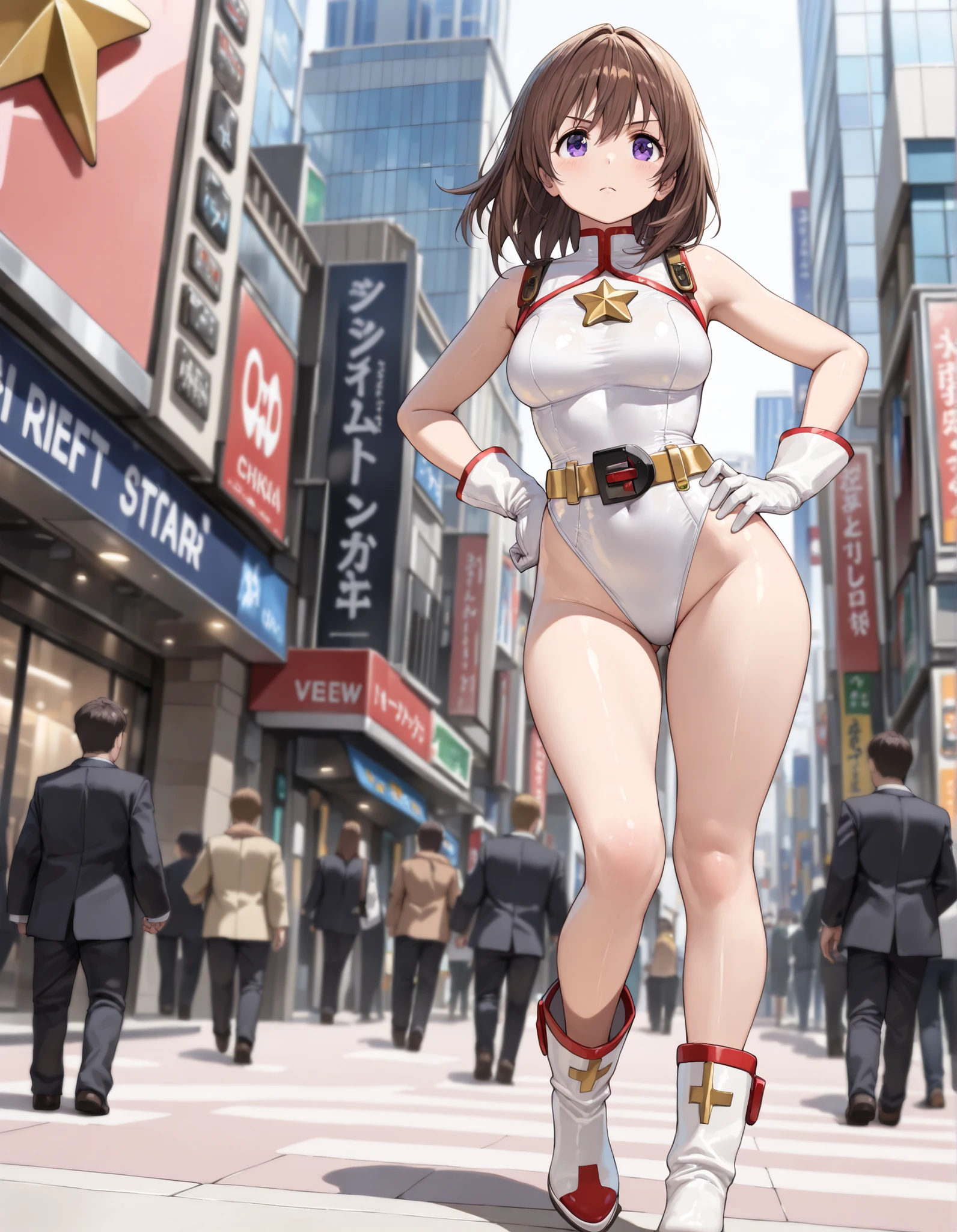(masterpiece), (best quality), (high res),1girl, tall body, brown hair, medium hair, purple eyes, beautiful detailed eyes, beautiful detailed face, cute face, perfect hands, complete fingers, perfect anatomy, perfect proportions, ((hat, dark blue police hat)), ((leotard, matching leotard, bare legs)), ((boots, matching boots)), breasts, medium breasts, fingerless gloves, (full body portrait), looking at viewer, solo, solo focus, standing, police uniform, cowboy shot, tokyo street station backdrop, indoors, (belt, tight belt), (armbands, white sleeves), full body costume design.