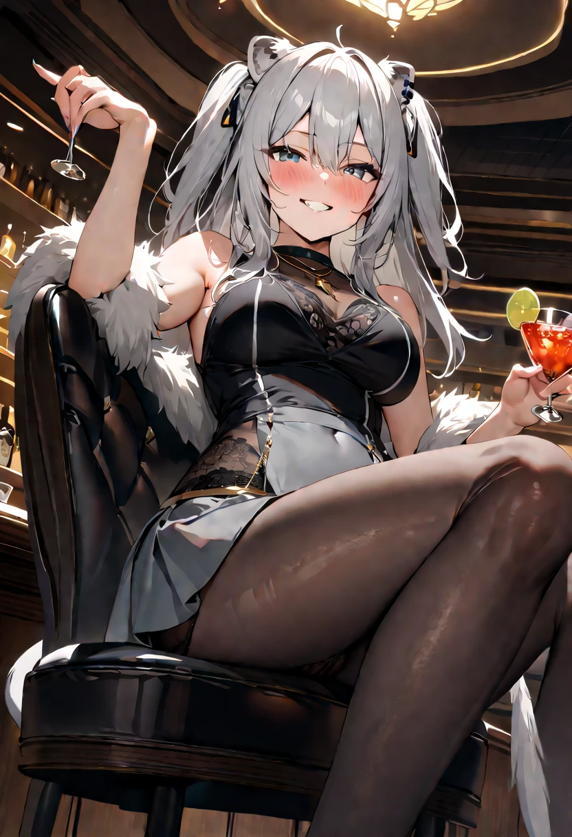 NSFW,masterpiece,Highest quality,High resolution,Super detailed,Shishirabotan\(Hololive\),Long Hair、Two Side Up、Earrings、Lion's Tail,necklace、Black Shirt、Sleeveless shirt、abdomen、See-through、Grey Skirt、片足pantyhose、pantyhose、fur-trimmed jacket、Black jacket、Off the shoulder,black lace panties,(Bewitching Smile),blush,Luxurious Room,pub,counter,chair,Cocktail Glass,(Drunk),(Intoxication),Sitting in a chair,heart,Sexy pose,Panty shot,From below