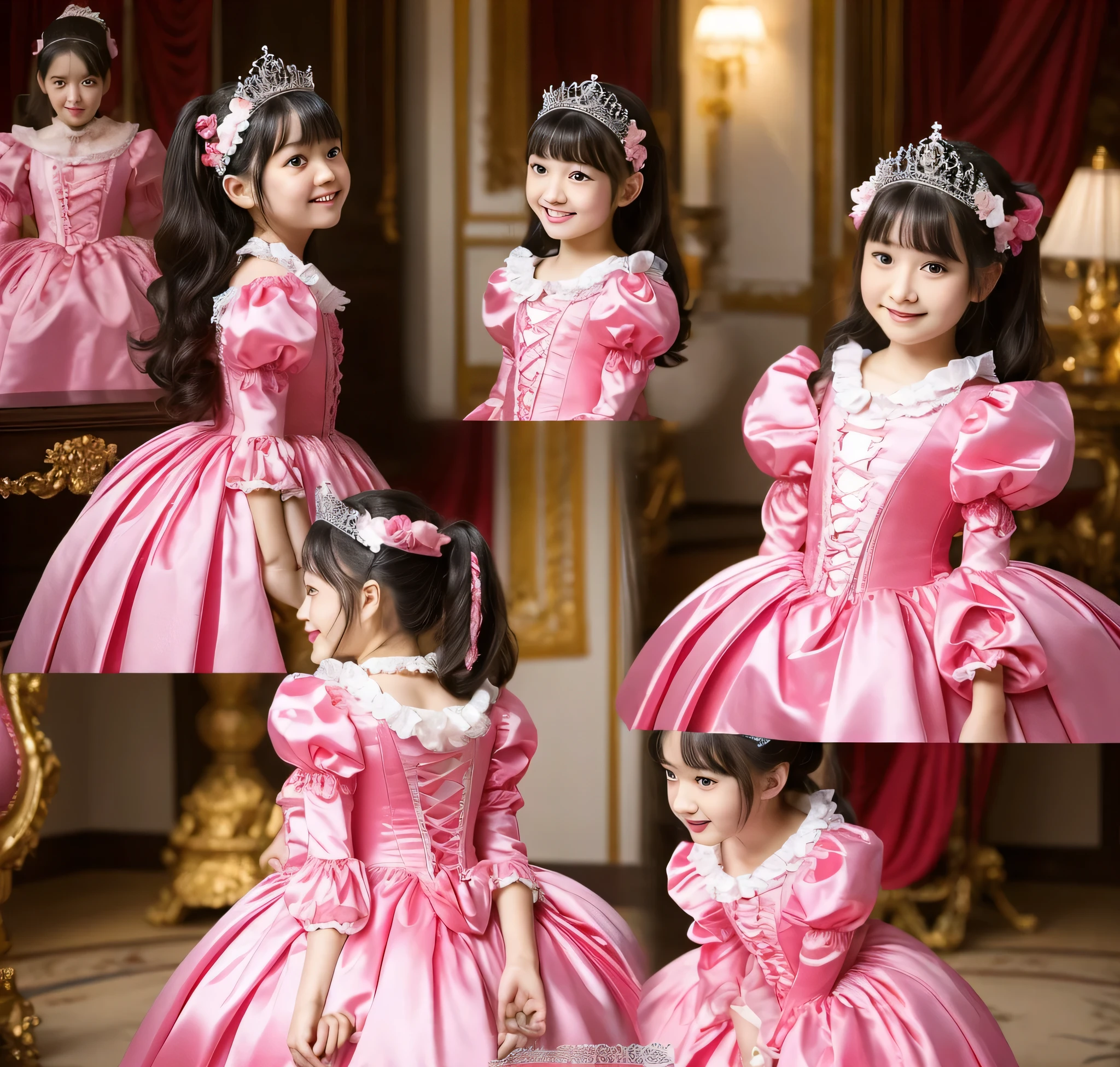 ,highest quality, masterpiece, highest resolution, artwork, super それにget used to it, many get used to it, get used to it, それにget used to it, 3K realistic photos,,((10 year old little girls)),Super detailed baby face,both are princesses,detailed luxury tiara,Full length ball gown dress with hoop skirt,ruffle yoke collar,Detailed braided ribbon at chest,puff sleeves,long sleeve,((lolita style hot pink princess satin dress、Comes with lots of frills and ribbons。)),crazy'colorful fashion,shiny silk satin dress,soft and smooth silk satin fabric,luxury,Very long blonde hair,blue eyes,white skin european,pajamas,((inside the palace)),Princess dancing happily,gorgeous flowing dress,fine white frills and lace,Super long hair that is as tall as your body,white long socks,drawers with lots of frills,castle bedroom at night,Super long flowing hair,on the bed,Luxurious canopy on the bed,Huge, spacious bed,Pink pillow with lots of frills,Silk satin pink curtains with luxurious ruffles and ribbons surround the bed,princess sitting on bed,Pillows piled up behind the princess,Long hair scattered like a fan on the bed,(((Both legs are completely hidden inside the dress))),((((round futon)))),((((A large futon with frills that covers the entire bed)))),detailed comforter,Detailed bed sheets,