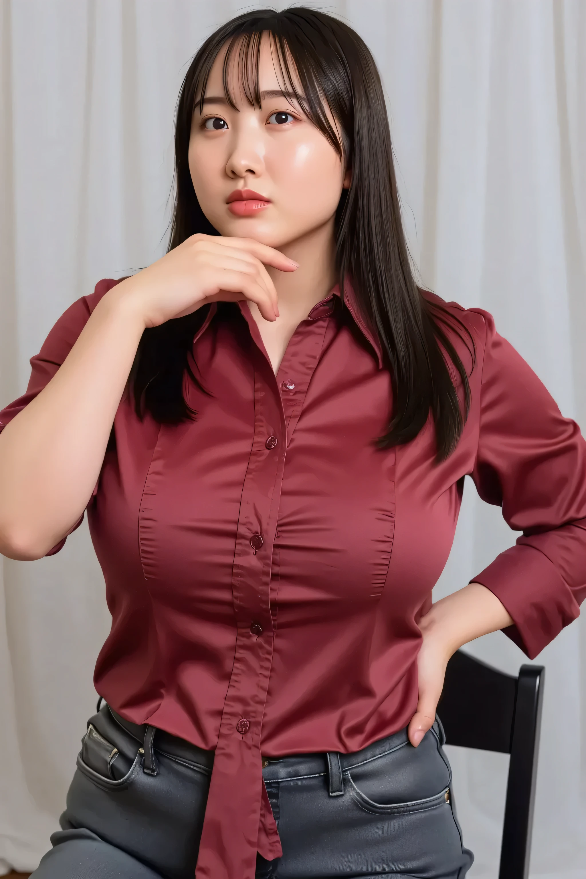 sat1nsh1rt, NSFW, 1 girl, (plump and curvy body : 1.8), (realistic sagging breasts : 1.8), (hanging breasts : 1.8), (breasts spaced apart : 1.6), (large breasts : 1.8), (wine red Satin shirt), standing pose, full-body shot, looking at the camera, photorealistic style, soft lighting, high detail, sensual expression,