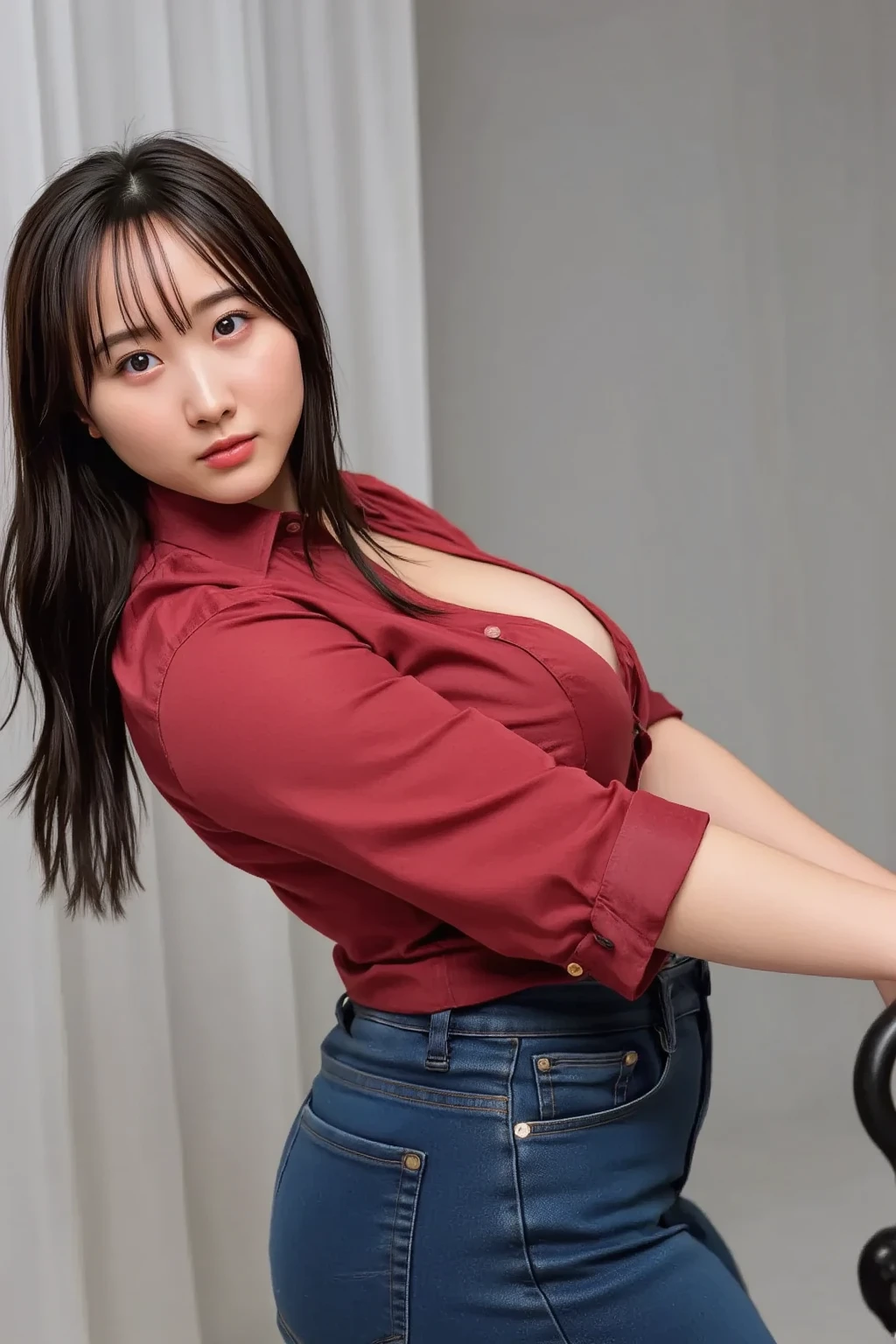 highest quality,Best image quality,Ultra-high resolution,8K,(Hyperrealism:1.1),High saturation,(Realistic:1.2),Accurate anatomy,Depth of written boundary,Ideal Body,Adult women,Japanese,cute,(Red face:1.2),Adult sex appeal,long black wavy hair,(Wet Hair:1.2),(Droopy eyes:1.2),slightly thick lips,(E cup breasts:1.2),Soft Breasts,Rounded ass,big butt,Realistic Skin,(sunburned:1.4),(Wheat skin:1.4),Height: 164cm,(secretary:1.4),(Woman standing frozen:1.4),(View here:1.4),President's office,It's dim in the room,赤のlingerie is transparent,(oversized white shirt:1.6),(A white shirt that goes above the knees:1.6),(Long white shirt:1.6),(Black fine-grained stockings:1.2),(Black Stockings:1.2),(lingerie is transparent:1.2),(Stick your butt out:1.6),(Embarrassed face:1.2),(worried face:1.2),(Spread your legs:1.6),Wet body,(Egg-shaped vibrating toy:1.8),(sexual:1.8),(Nude Model:1.2),(Sexをする:1.5),(Sex:1.8),