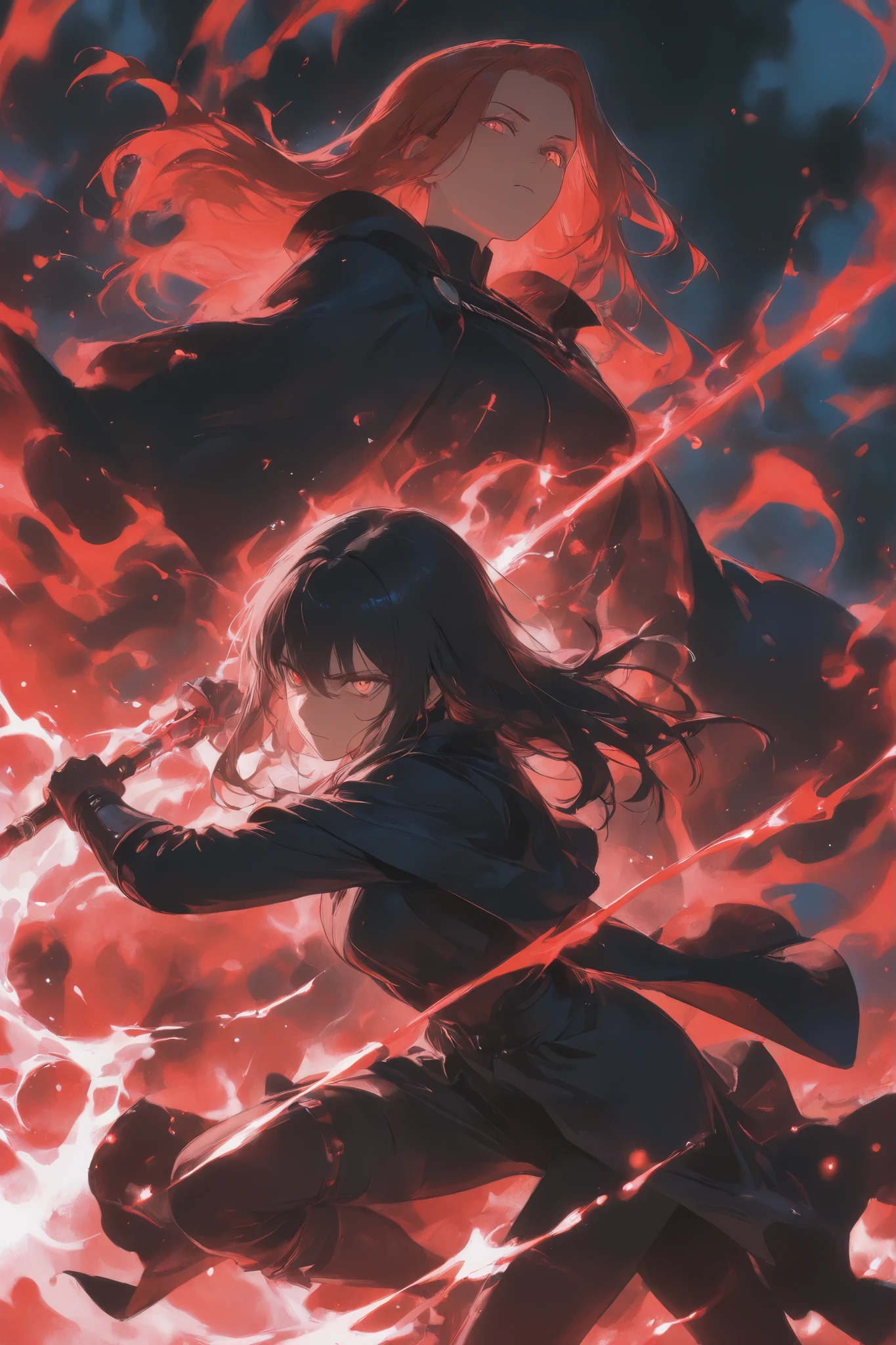 Mulher adulta, cabelo loiro, olhos vermelhos,  take a serious look, maquiagem dark, aura fria, wearing a black cloak,  holding a red light sabre, concept art, fundo cinza