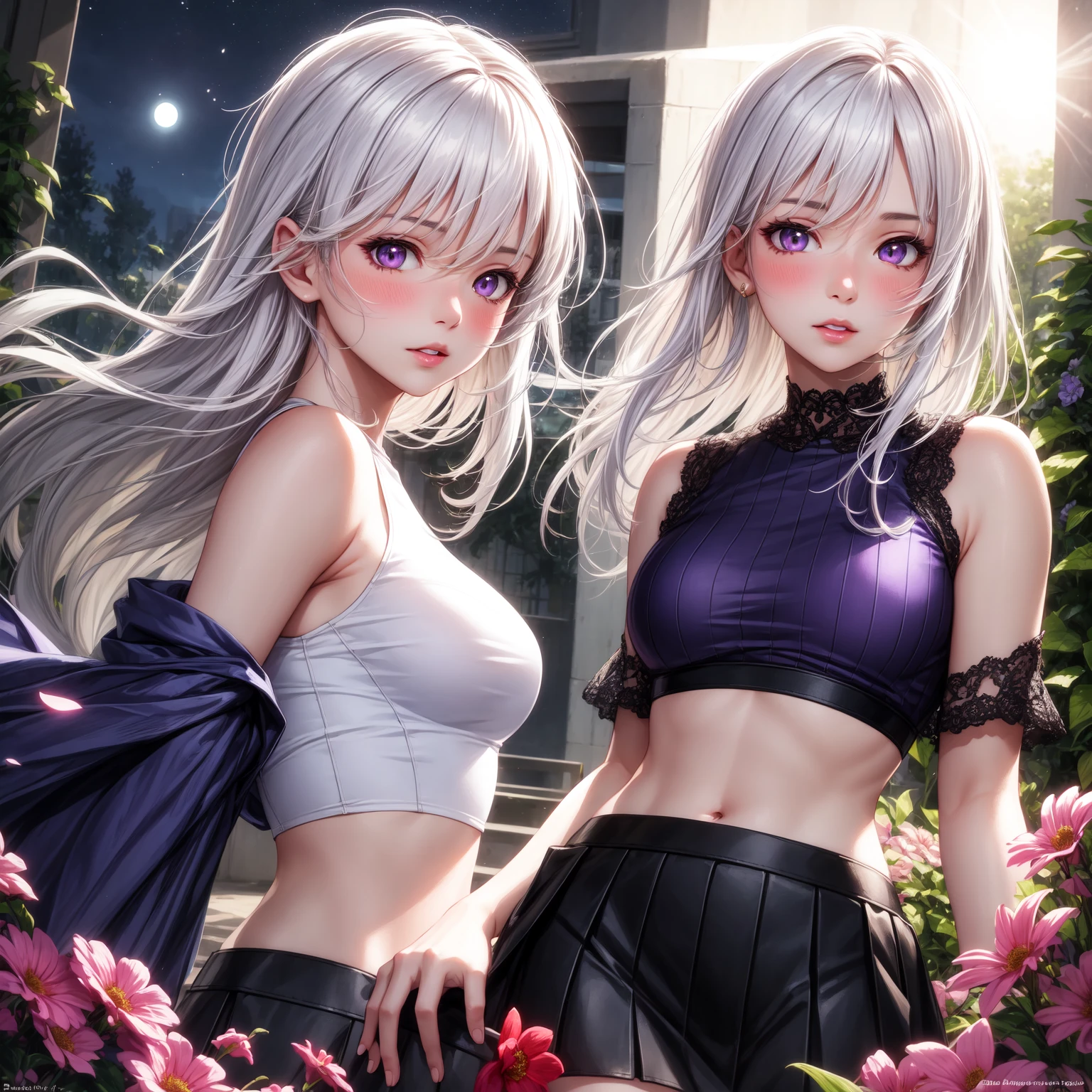 realistic, 1girl, white hair, purple eyes, glowing eyes, crop top, skirt, parted lips, blush, night, no clothes , --auto