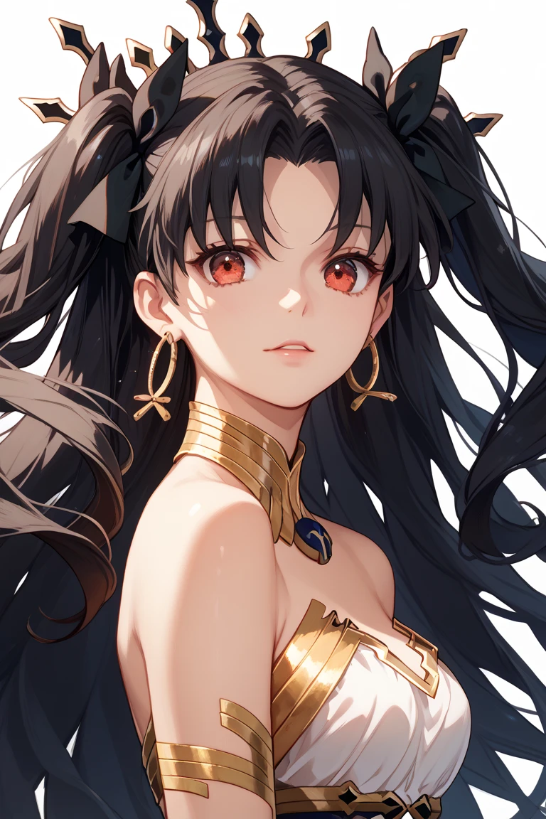 1girl, short grayish black hair with gold and white curls, brown skin, gold paper clip like jewelry on the front side of the head, Half of a short white dress in front and bandages on the back and arms, Blue sash,
