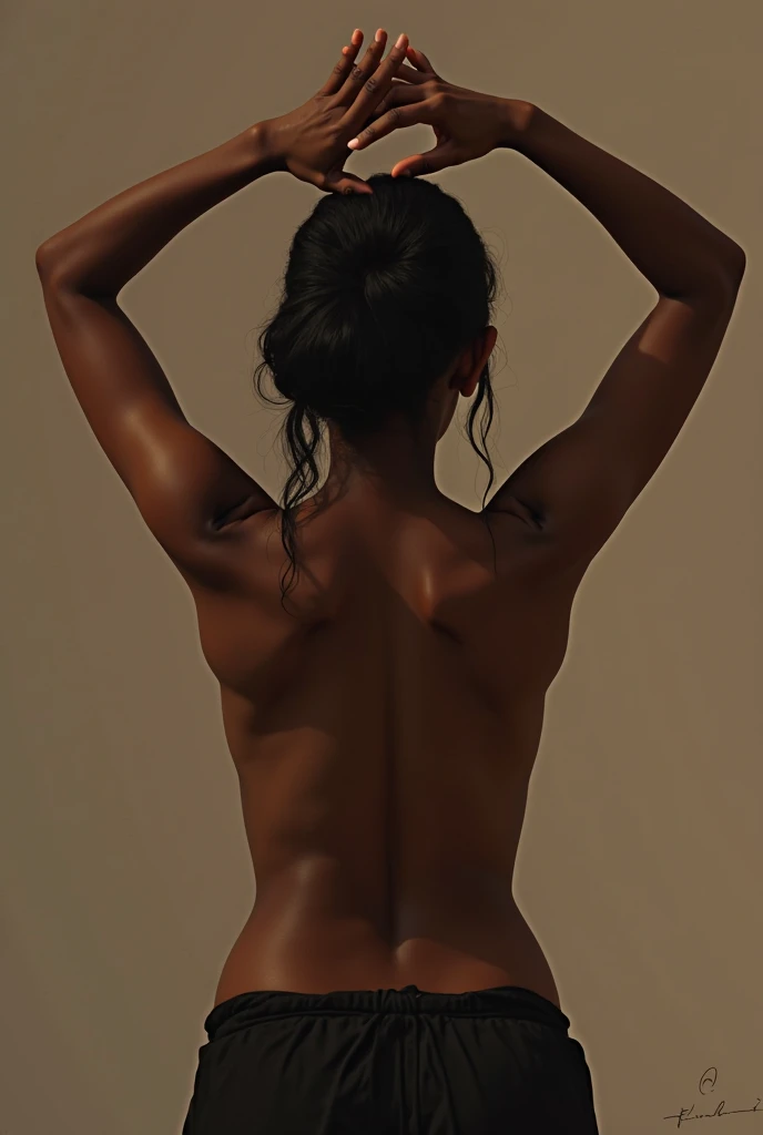 Full-length sweaty naked woman, photo from behind in the studio, backlight, dark background, realistic photo, ultra detailed